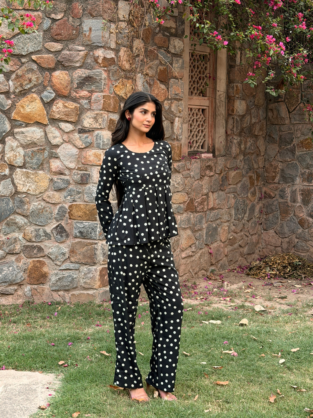 Black Polka Dot Rayon Cotton Co-ord Set with Peplum Top & Straight Trousers