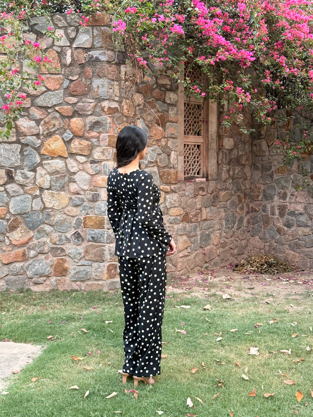 Black Polka Dot Rayon Cotton Co-ord Set with Peplum Top & Straight Trousers