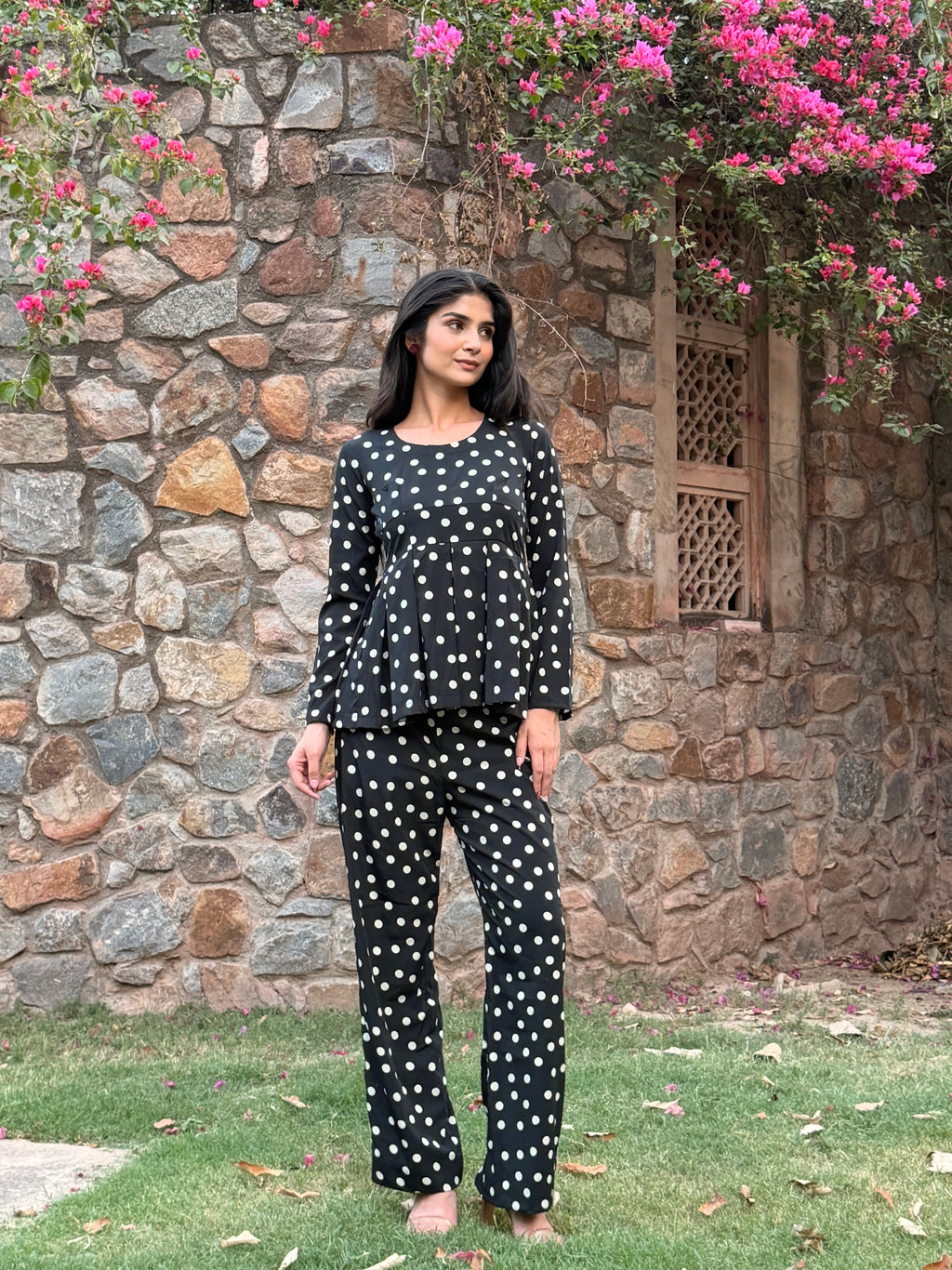 Black Polka Dot Rayon Cotton Co-ord Set with Peplum Top & Straight Trousers