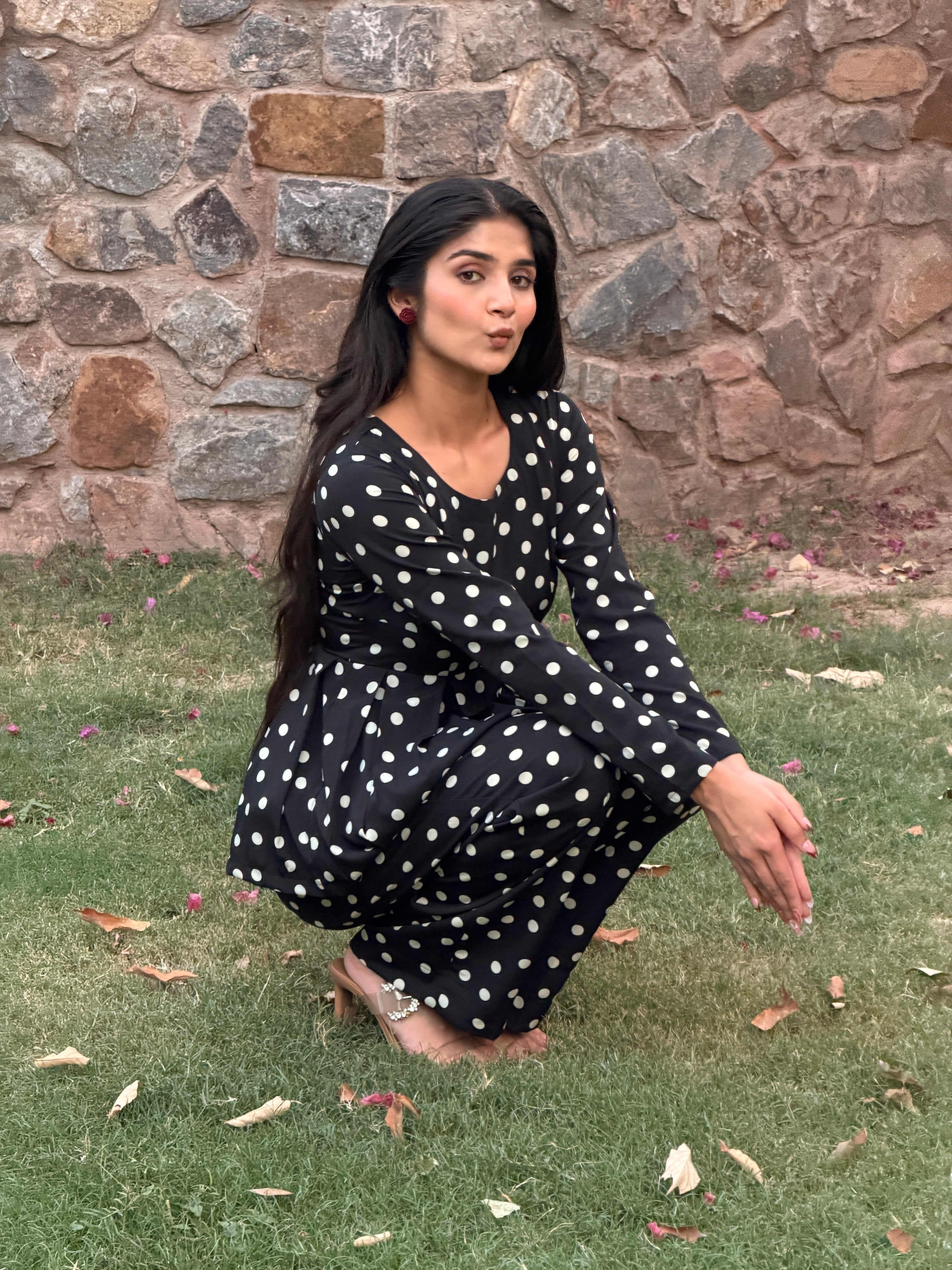 Black Polka Dot Rayon Cotton Co-ord Set with Peplum Top & Straight Trousers