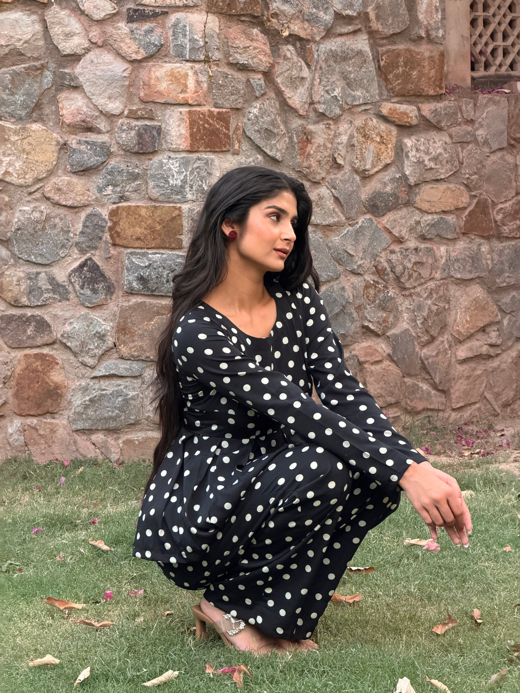 Black Polka Dot Rayon Cotton Co-ord Set with Peplum Top & Straight Trousers
