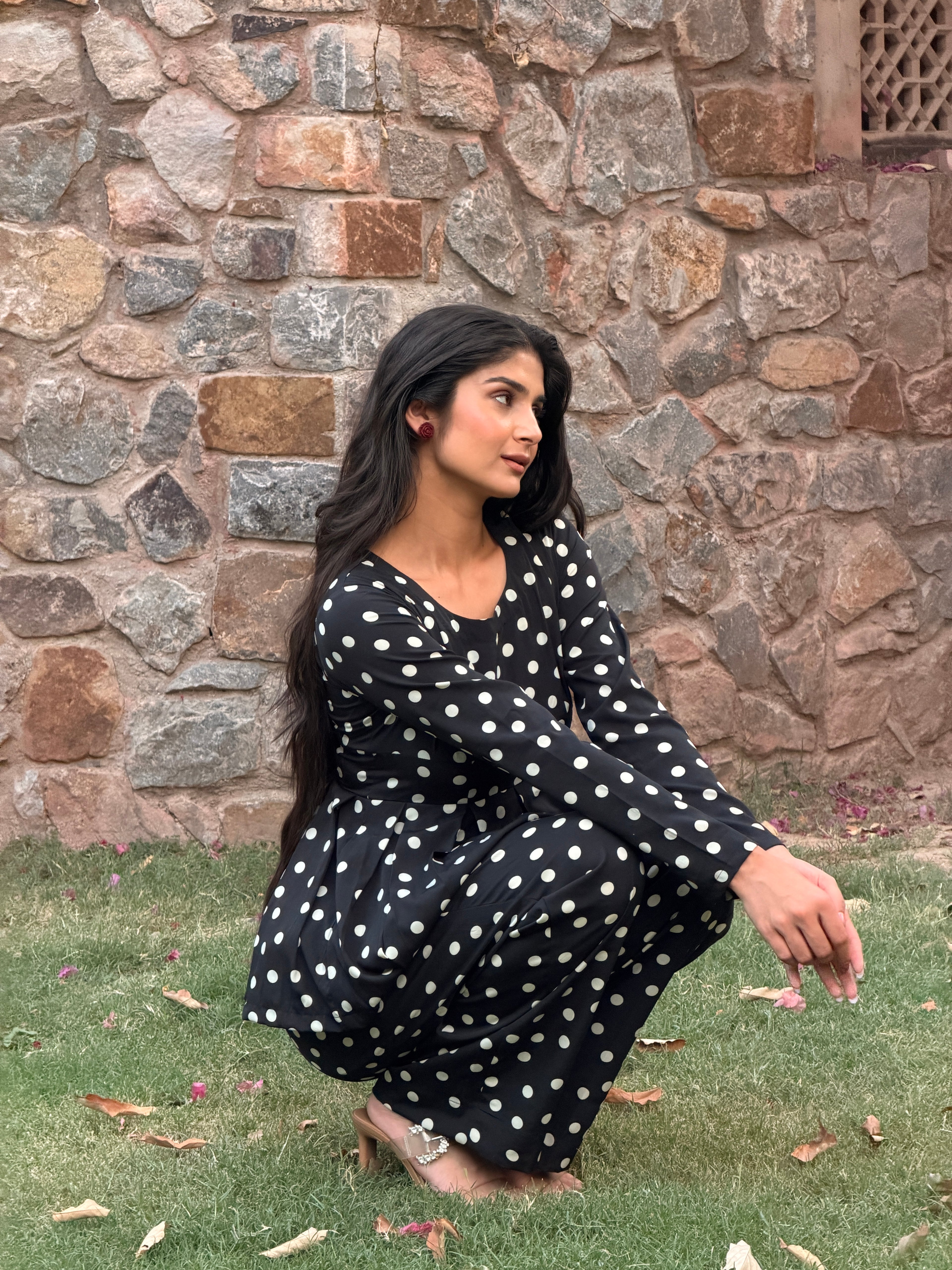 Black Polka Dot Rayon Cotton Co-ord Set with Peplum Top & Straight Trousers