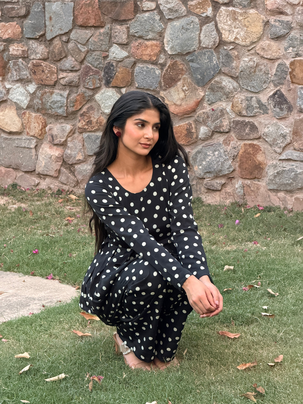Black Polka Dot Rayon Cotton Co-ord Set with Peplum Top & Straight Trousers