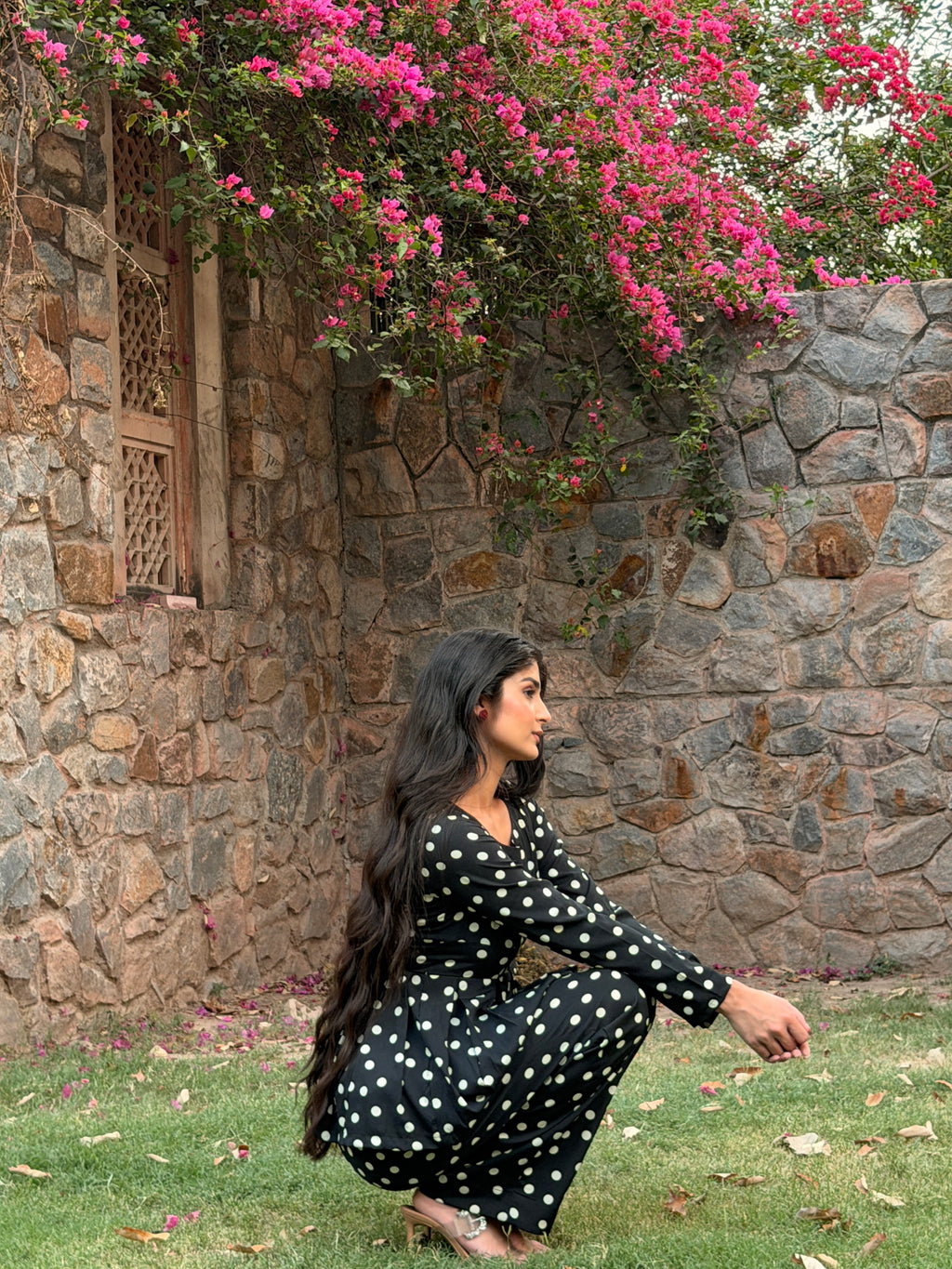Black Polka Dot Rayon Cotton Co-ord Set with Peplum Top & Straight Trousers