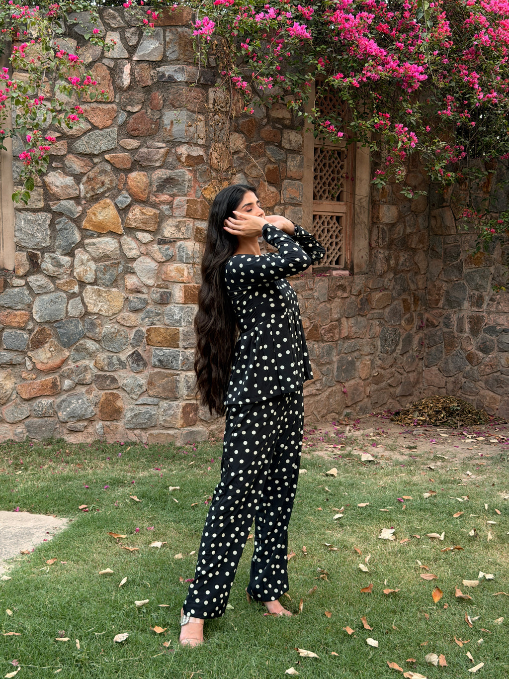 Black Polka Dot Rayon Cotton Co-ord Set with Peplum Top & Straight Trousers