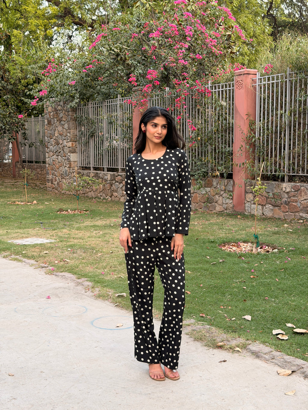 Black Polka Dot Rayon Cotton Co-ord Set with Peplum Top & Straight Trousers