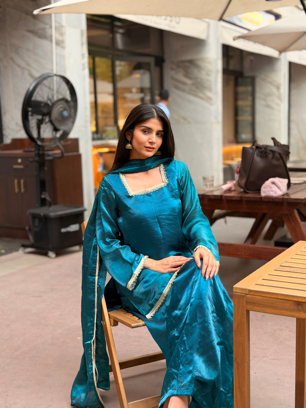 Peacock Teal Fendi 3-Piece Sharara Set with Silver Lace Detail & Soft Dupatta