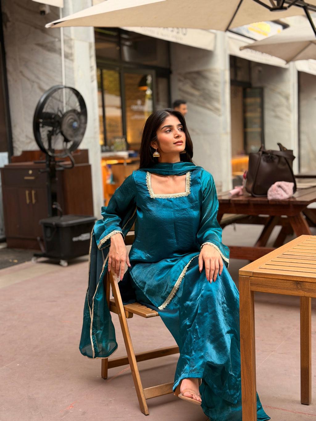 Peacock Teal Fendi 3-Piece Sharara Set with Silver Lace Detail & Soft Dupatta