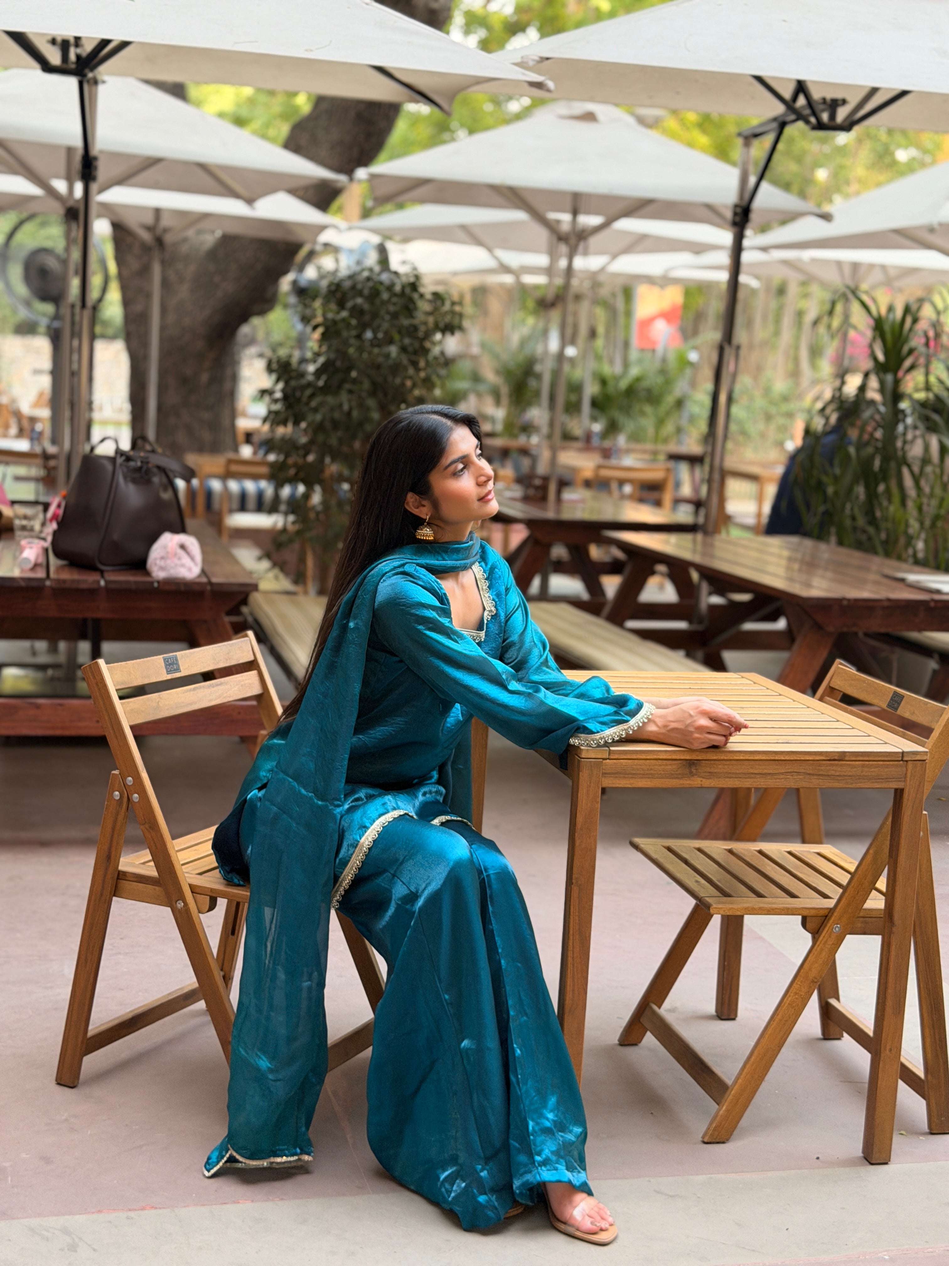 Peacock Teal Fendi 3-Piece Sharara Set with Silver Lace Detail & Soft Dupatta