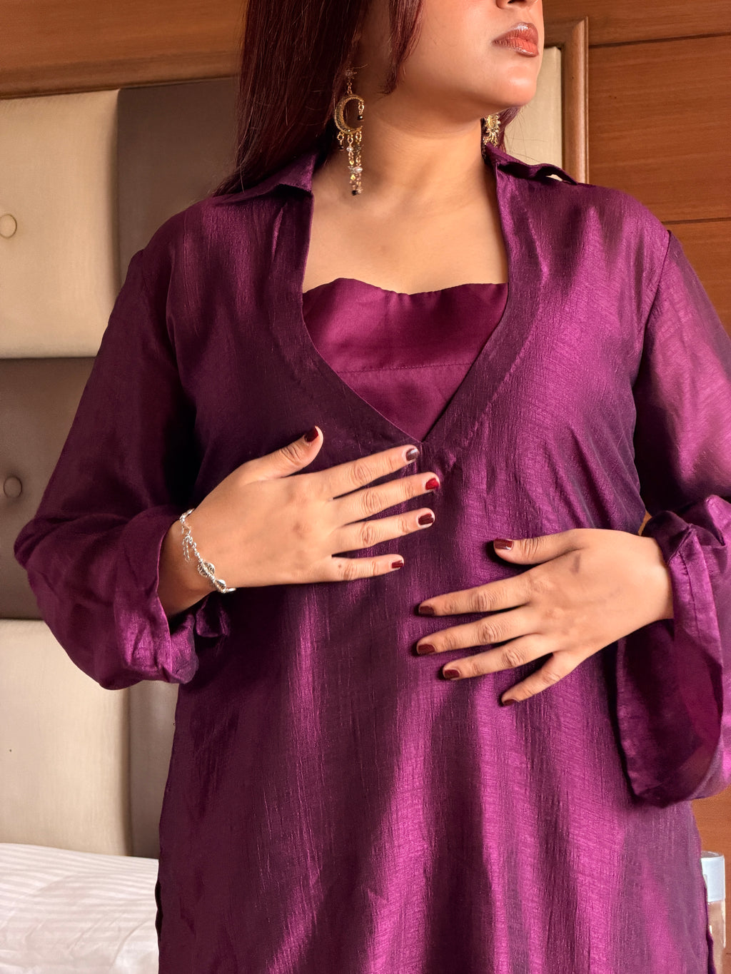 Plum Wine Chinon 3-Piece Suit Set with Organza Dupatta