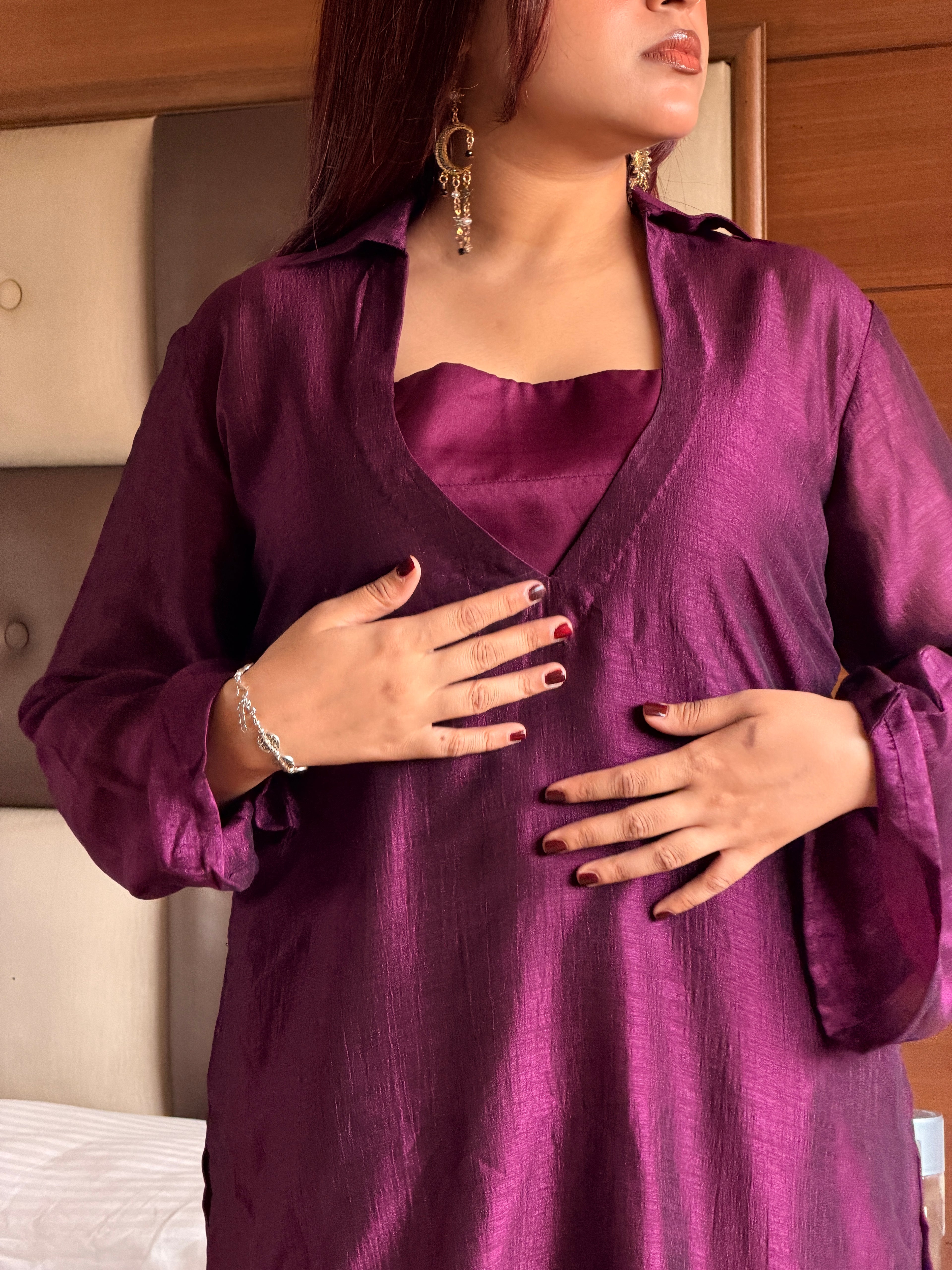 Plum Wine Chinon 3-Piece Suit Set with Organza Dupatta