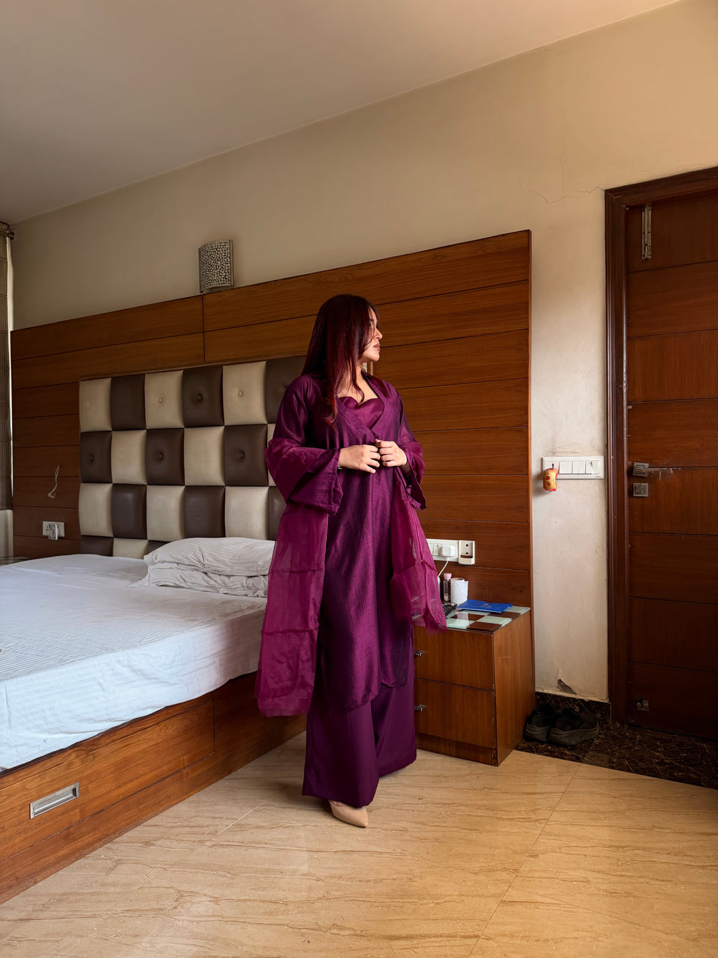 Plum Wine Chinon 3-Piece Suit Set with Organza Dupatta