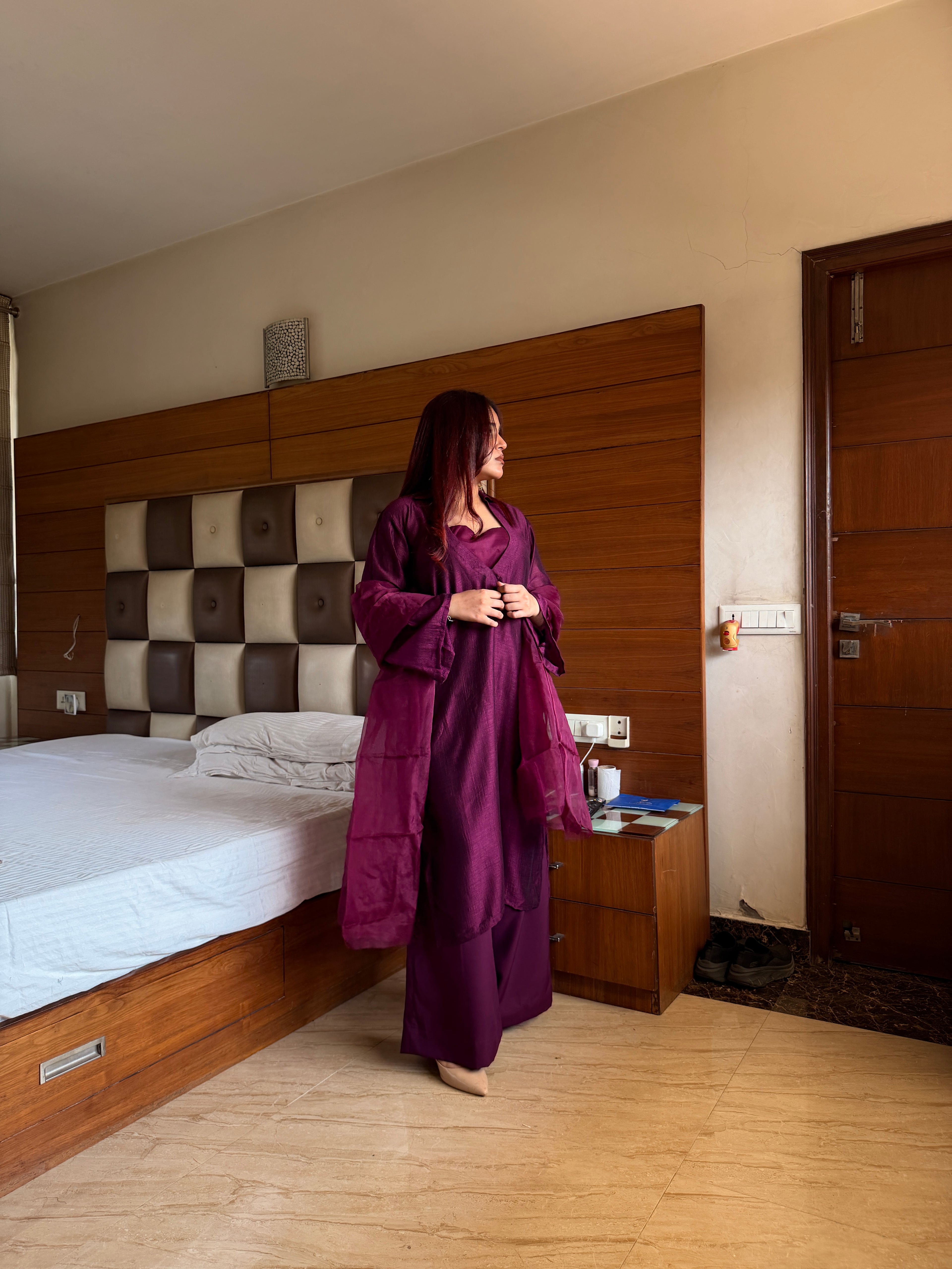 Plum Wine Chinon 3-Piece Suit Set with Organza Dupatta