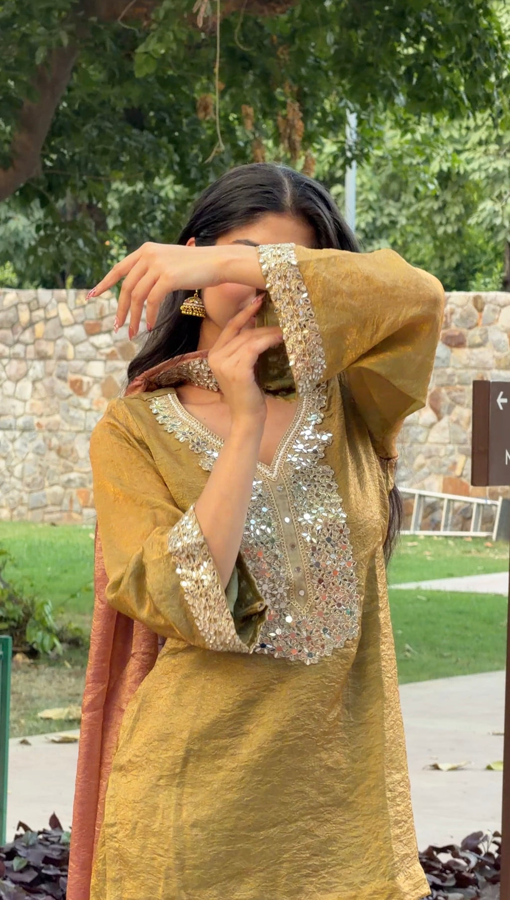Olive Green Tissue 3-Piece Set with Mirror Work & Pink Dupatta