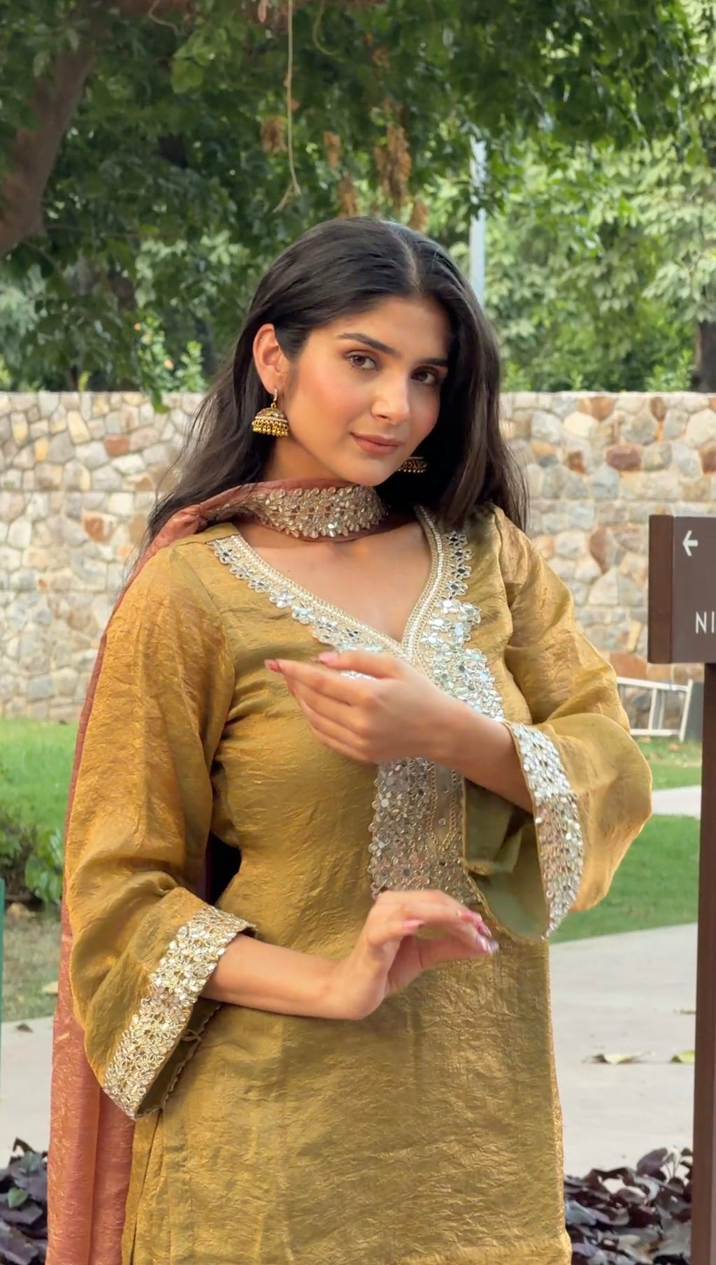Olive Green Tissue 3-Piece Set with Mirror Work & Pink Dupatta