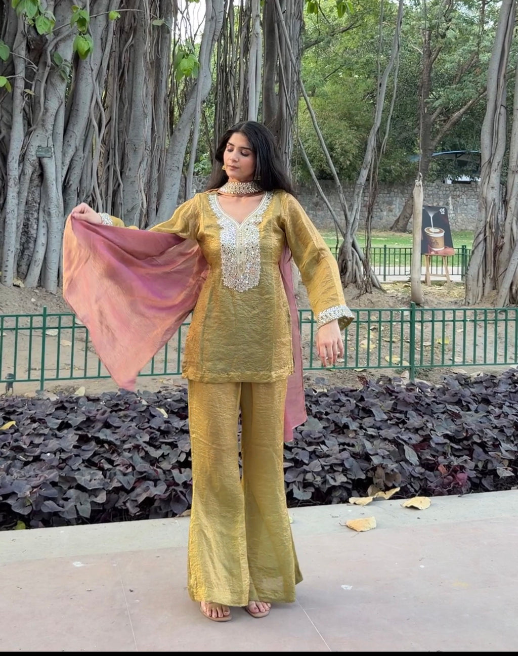 Olive Green Tissue 3-Piece Set with Mirror Work & Pink Dupatta