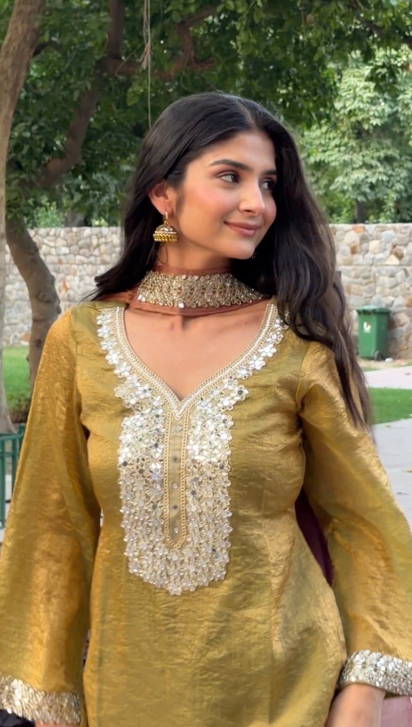 Olive Green Tissue 3-Piece Set with Mirror Work & Pink Dupatta