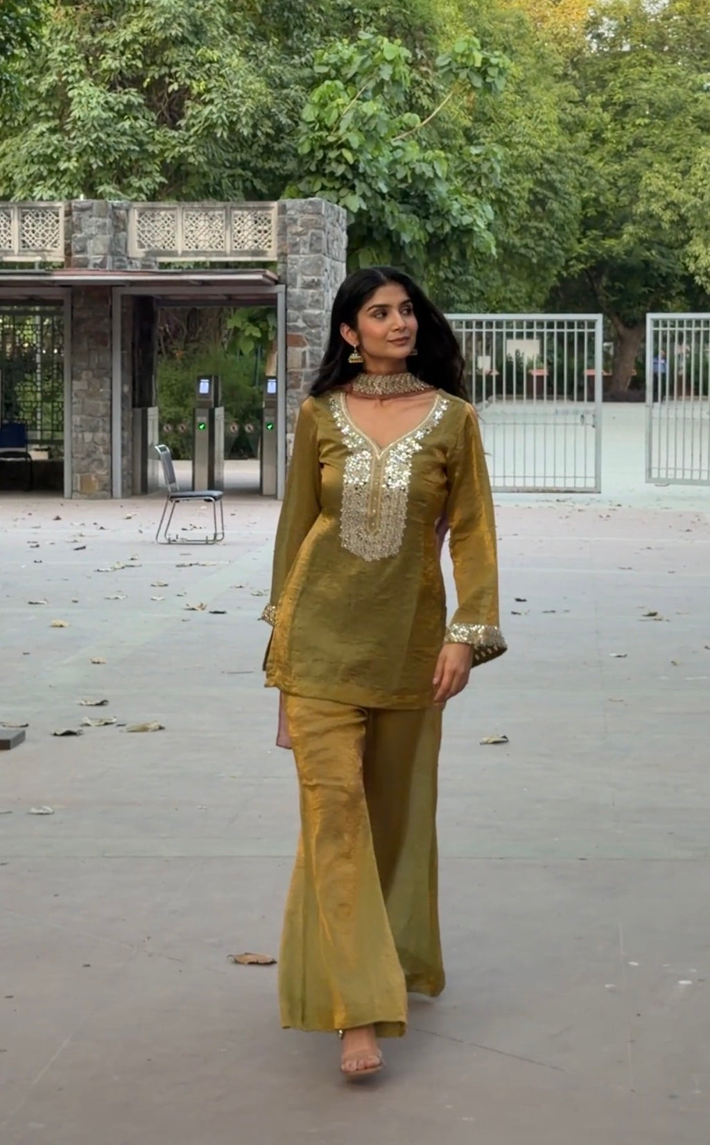 Olive Green Tissue 3-Piece Set with Mirror Work & Pink Dupatta