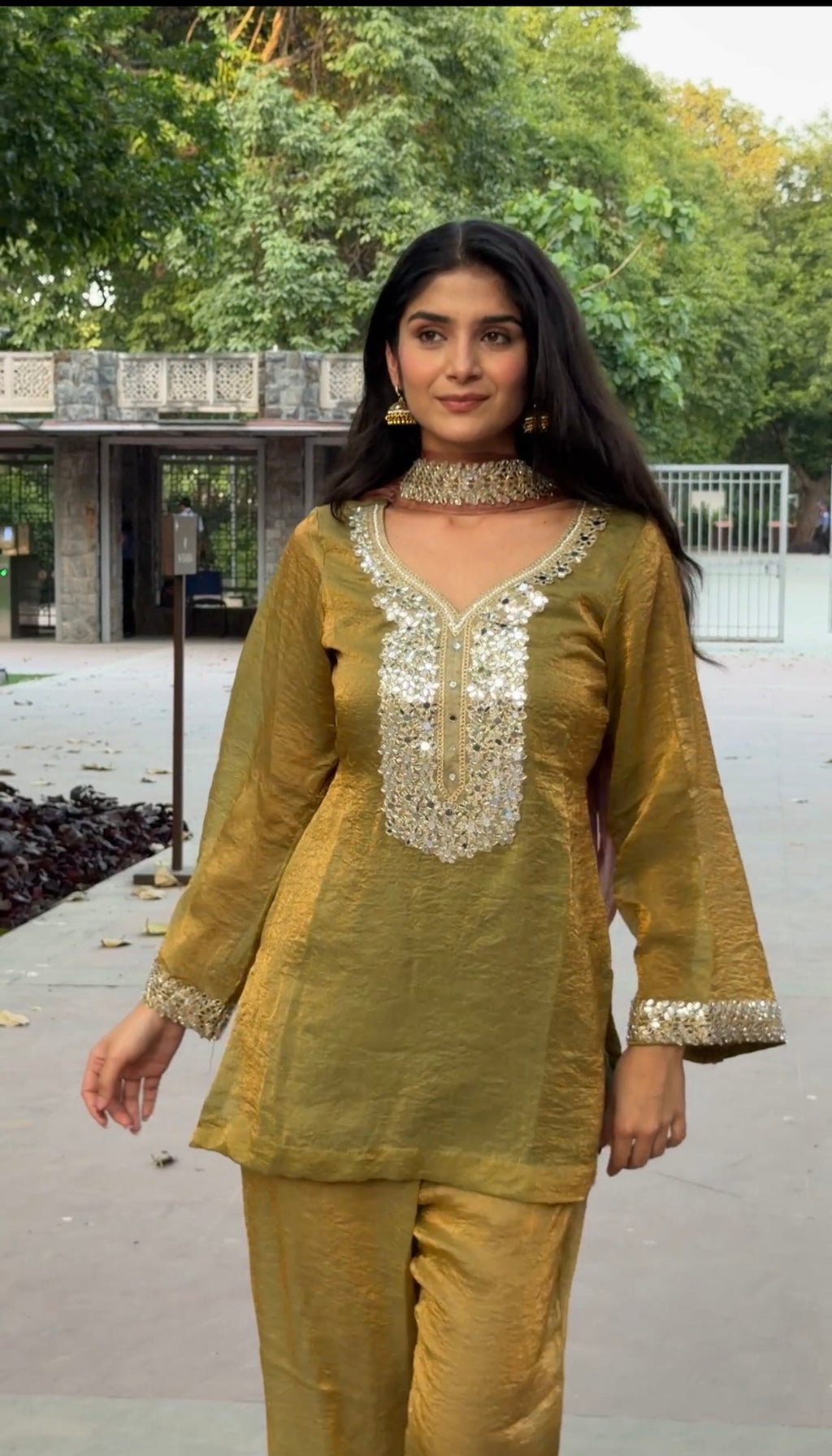Olive Green Tissue 3-Piece Set with Mirror Work & Pink Dupatta
