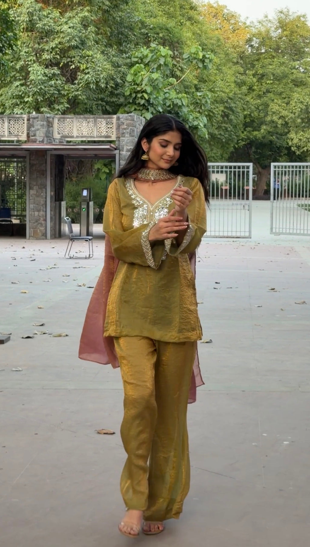 Olive Green Tissue 3-Piece Set with Mirror Work & Pink Dupatta