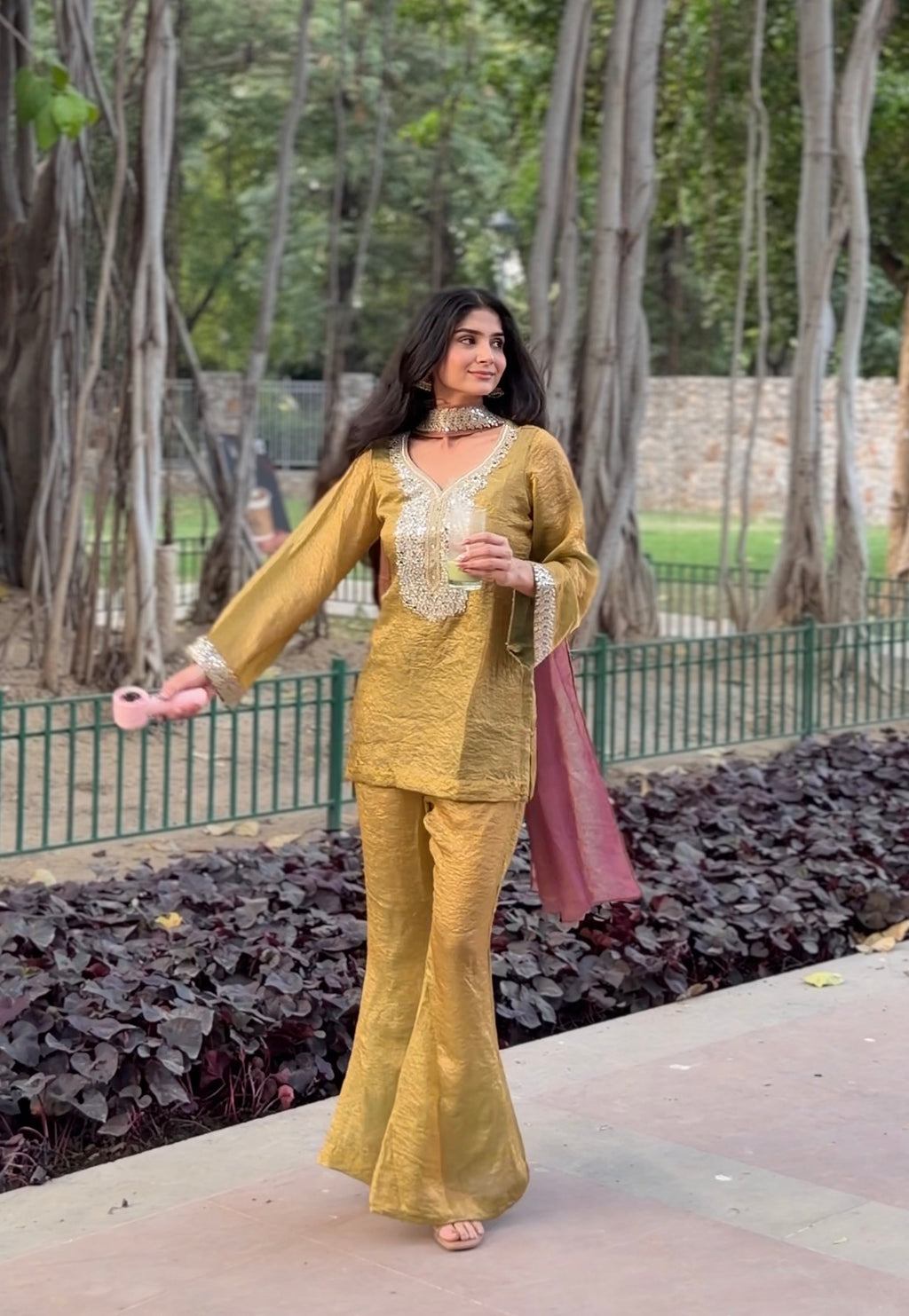 Olive Green Tissue 3-Piece Set with Mirror Work & Pink Dupatta