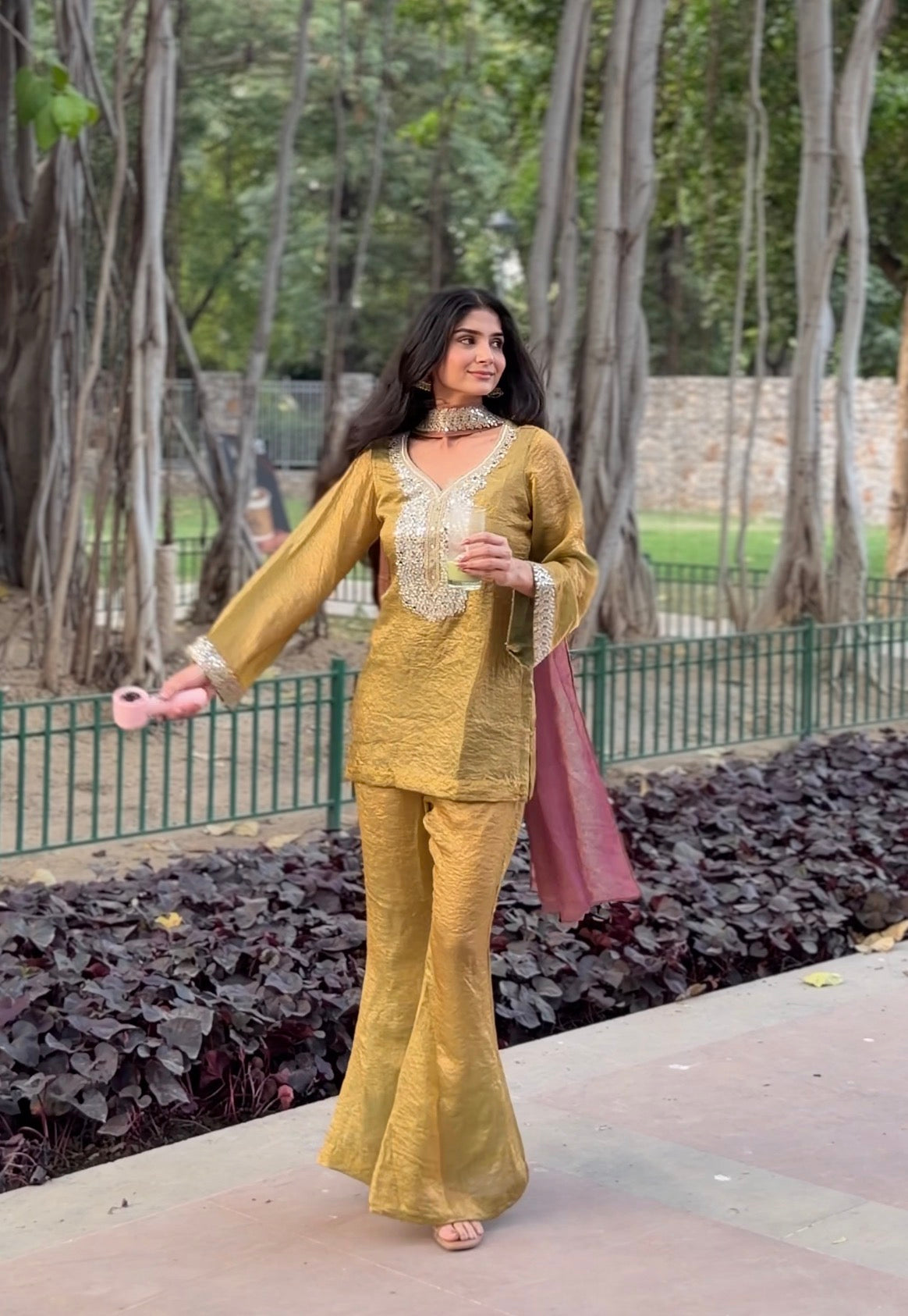 Olive Green Tissue 3-Piece Set with Mirror Work & Pink Dupatta