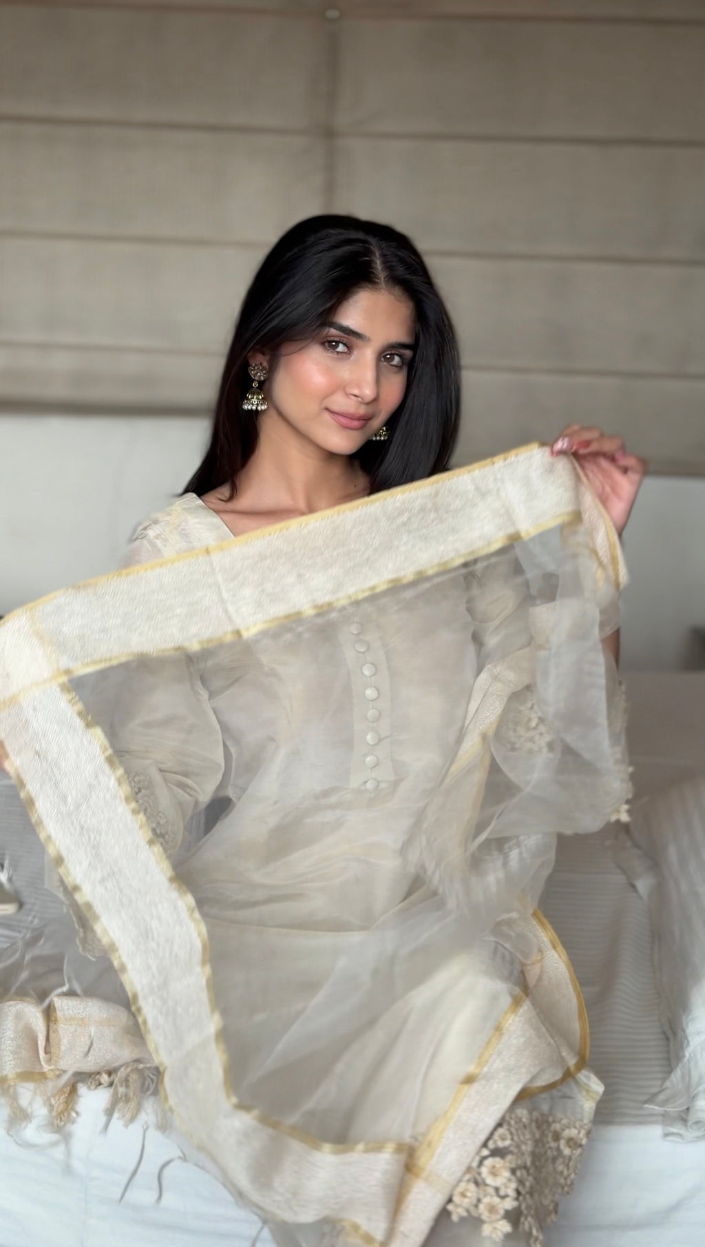 Ivory Pearl Cosmo 3-Piece Suit Set with Lace Detail & Tissue Dupatta