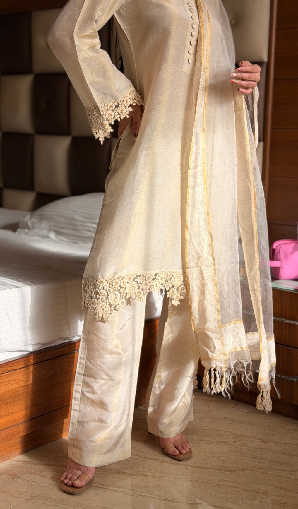 Ivory Pearl Cosmo 3-Piece Suit Set with Lace Detail & Tissue Dupatta