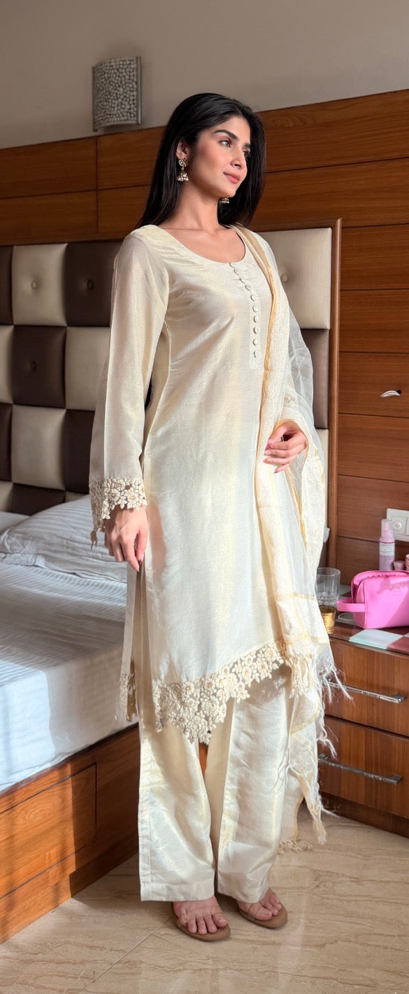 Ivory Pearl Cosmo 3-Piece Suit Set with Lace Detail & Tissue Dupatta