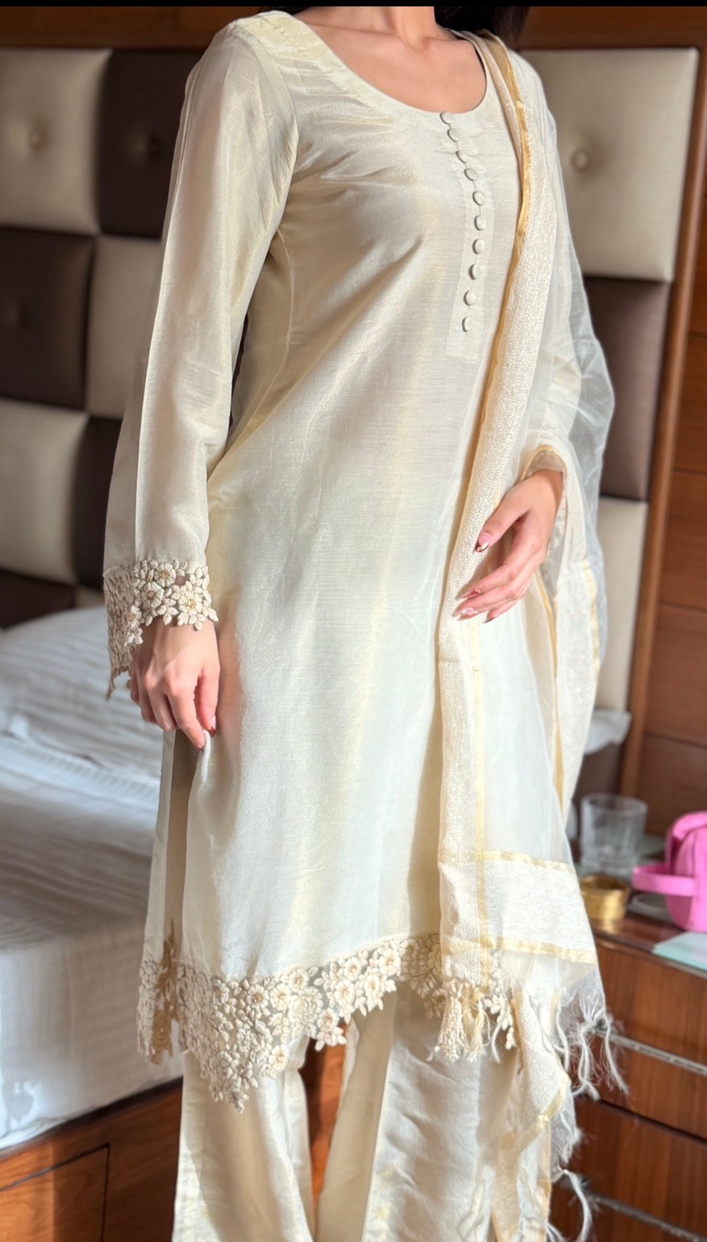 Ivory Pearl Cosmo 3-Piece Suit Set with Lace Detail & Tissue Dupatta