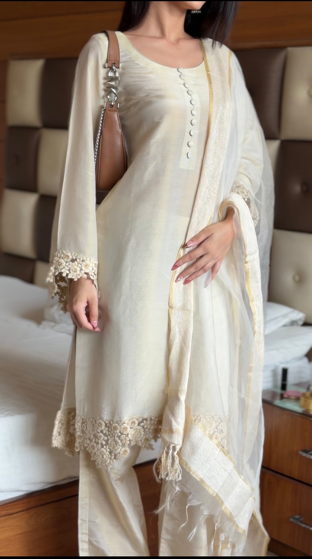 Ivory Pearl Cosmo 3-Piece Suit Set with Lace Detail & Tissue Dupatta