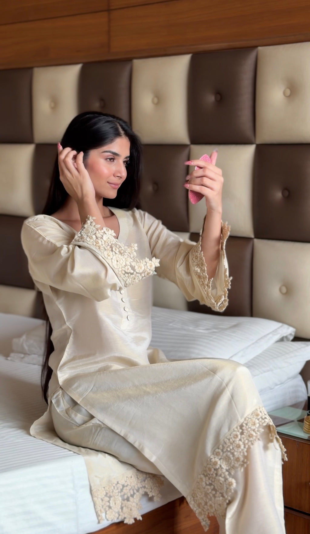 Ivory Pearl Cosmo 3-Piece Suit Set with Lace Detail & Tissue Dupatta