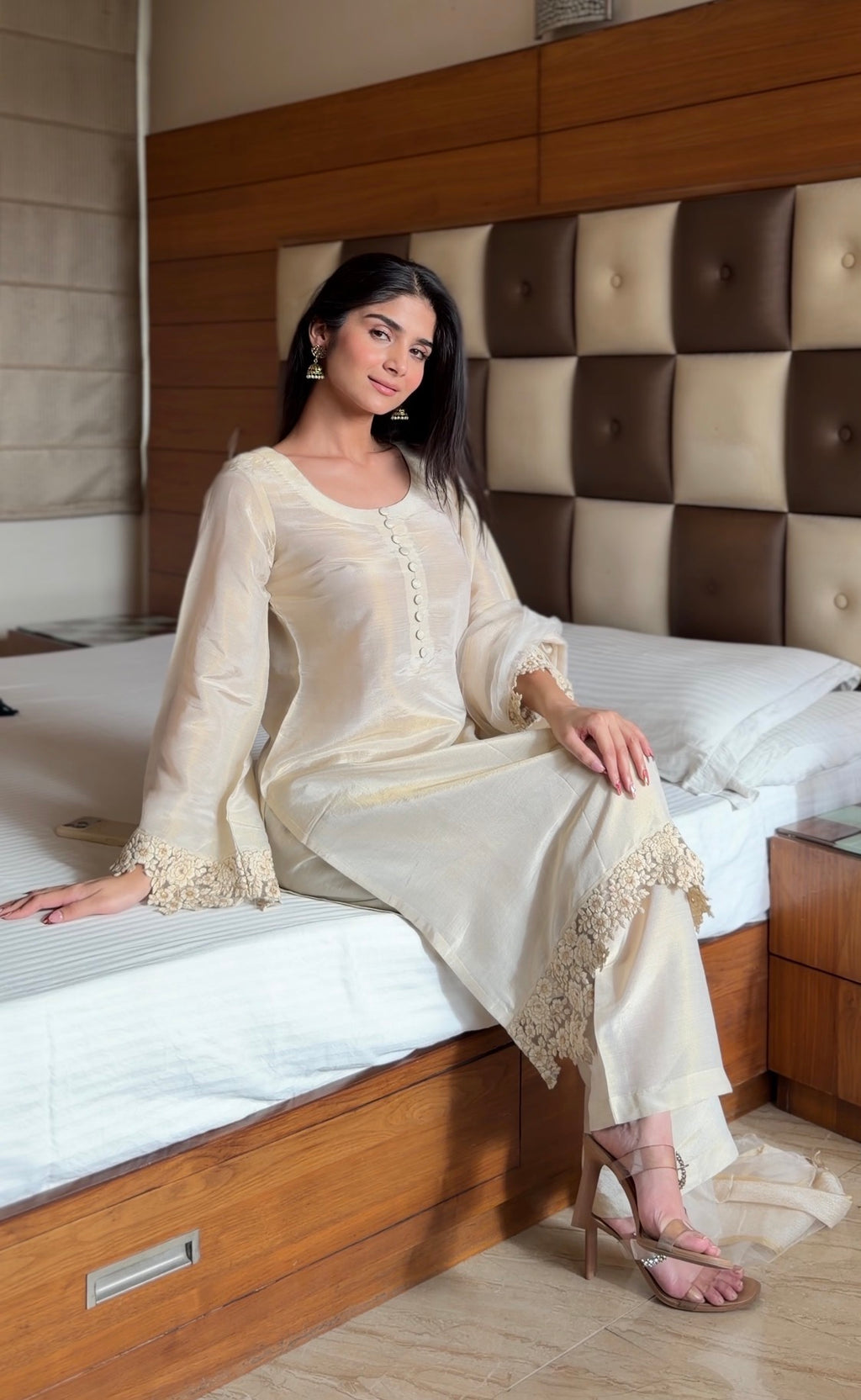 Ivory Pearl Cosmo 3-Piece Suit Set with Lace Detail & Tissue Dupatta