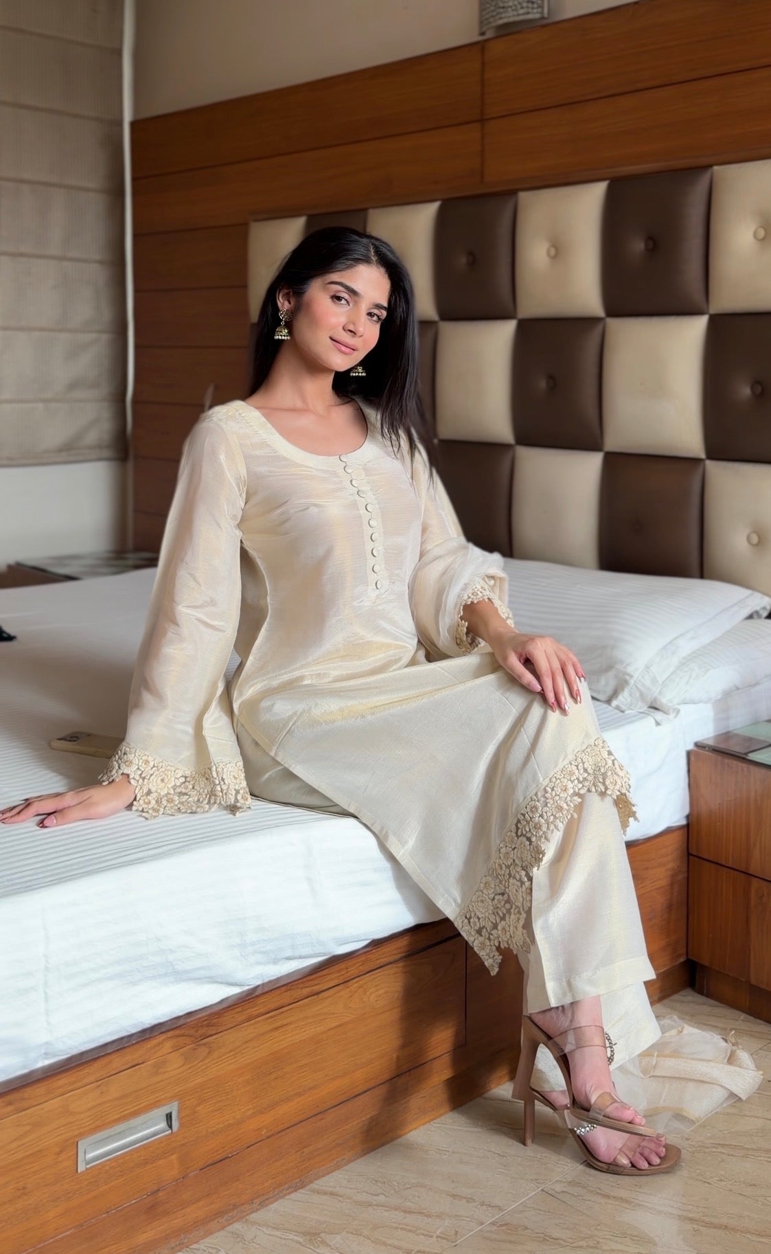 Ivory Pearl Cosmo 3-Piece Suit Set with Lace Detail & Tissue Dupatta