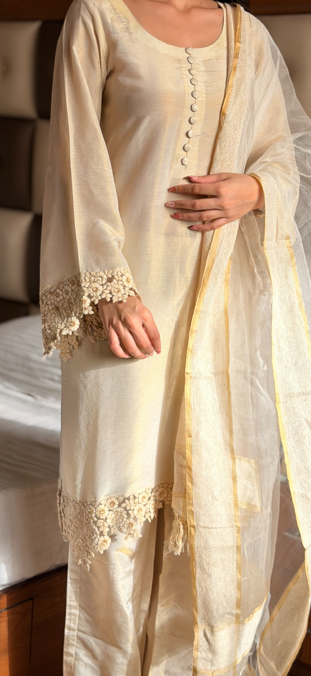 Ivory Pearl Cosmo 3-Piece Suit Set with Lace Detail & Tissue Dupatta