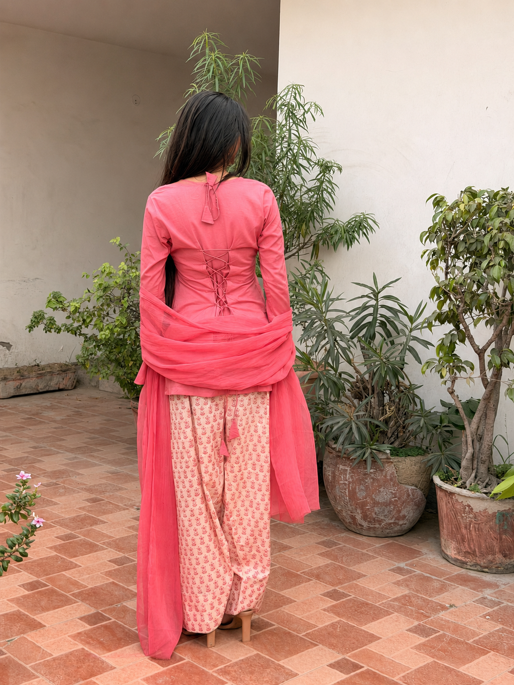Rose Pink Cotton Kurta with Floral Farshi Shalwar & Chiffon Dupatta