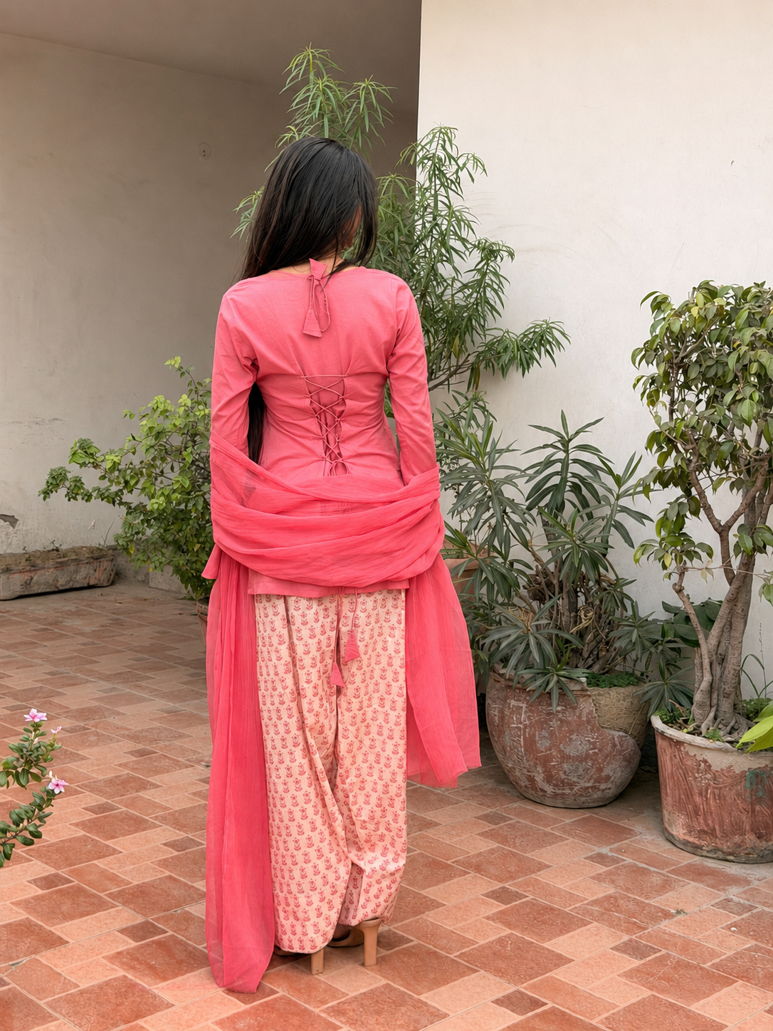 Rose Pink Cotton Kurta with Floral Farshi Shalwar & Chiffon Dupatta