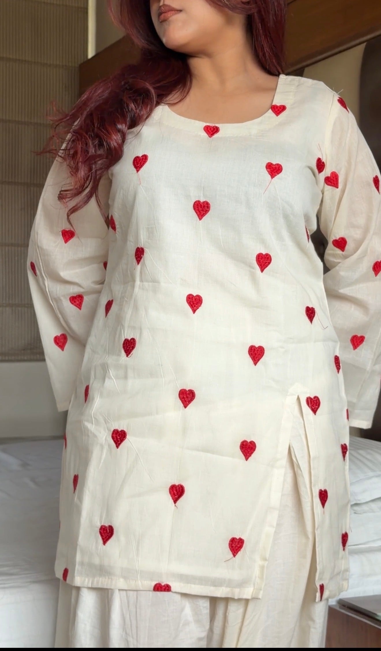 Cream Cotton Heart Embroidered Kurta with Farshi Shalwar