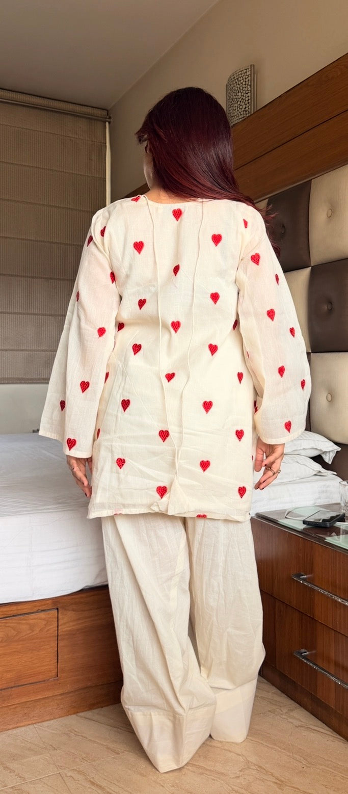 Cream Cotton Heart Embroidered Kurta with Farshi Shalwar
