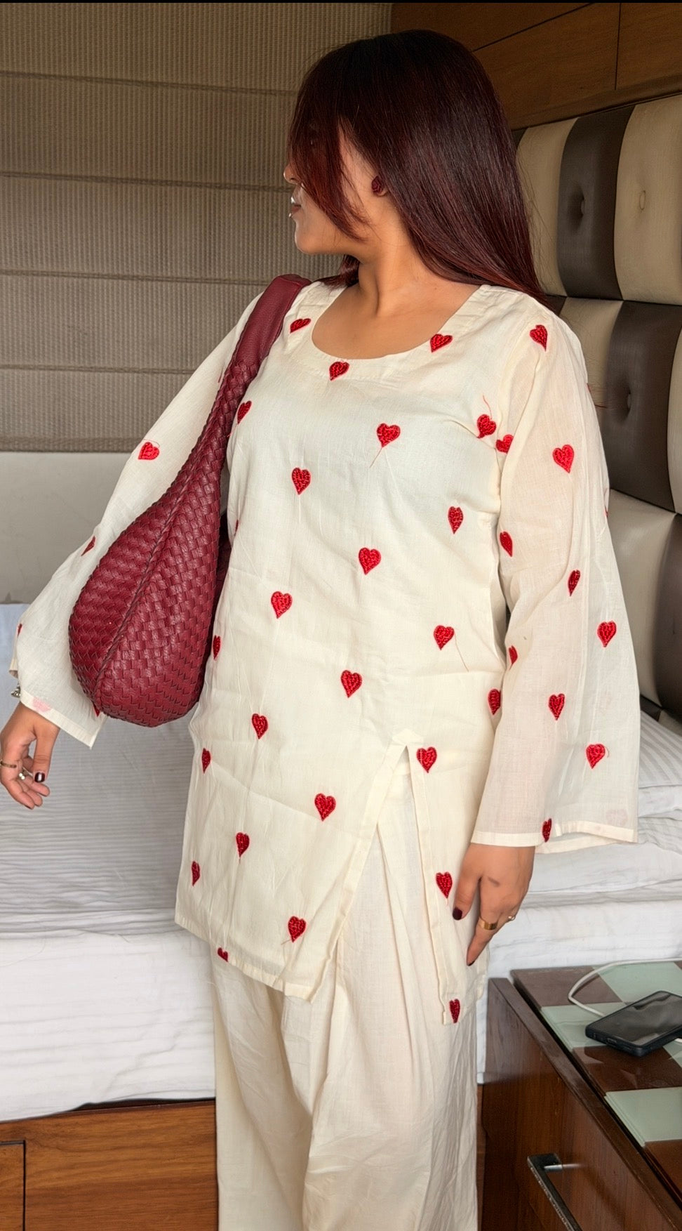 Cream Cotton Heart Embroidered Kurta with Farshi Shalwar