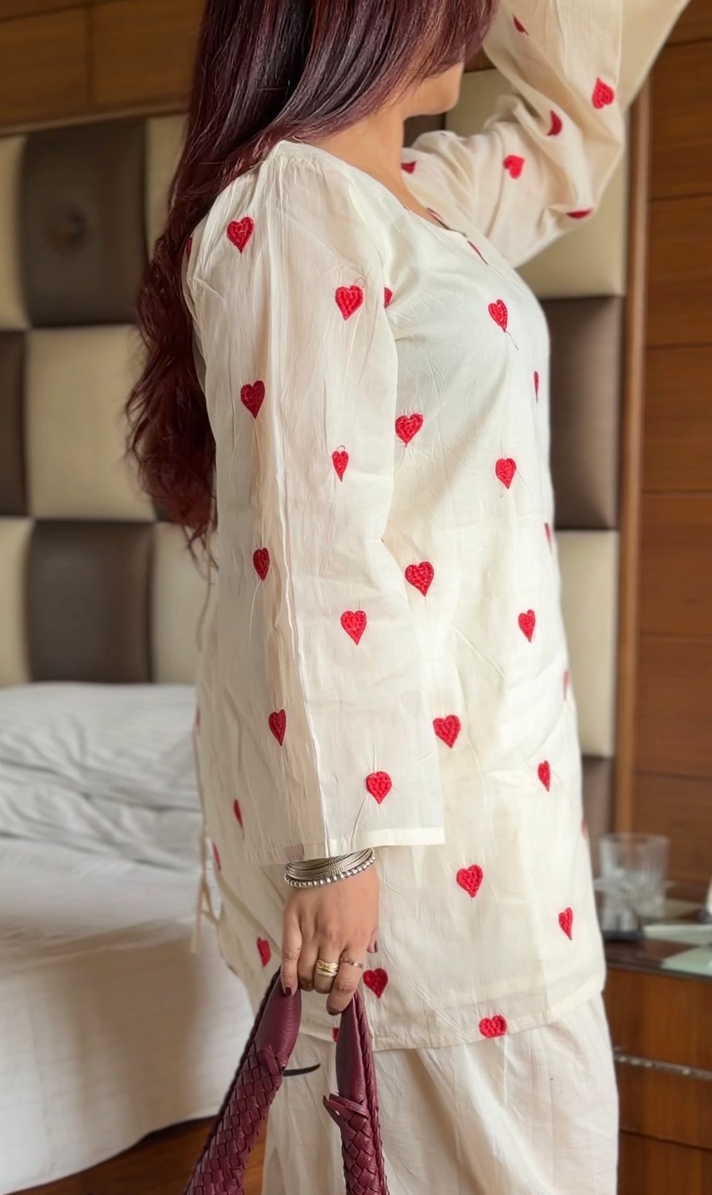 Cream Cotton Heart Embroidered Kurta with Farshi Shalwar