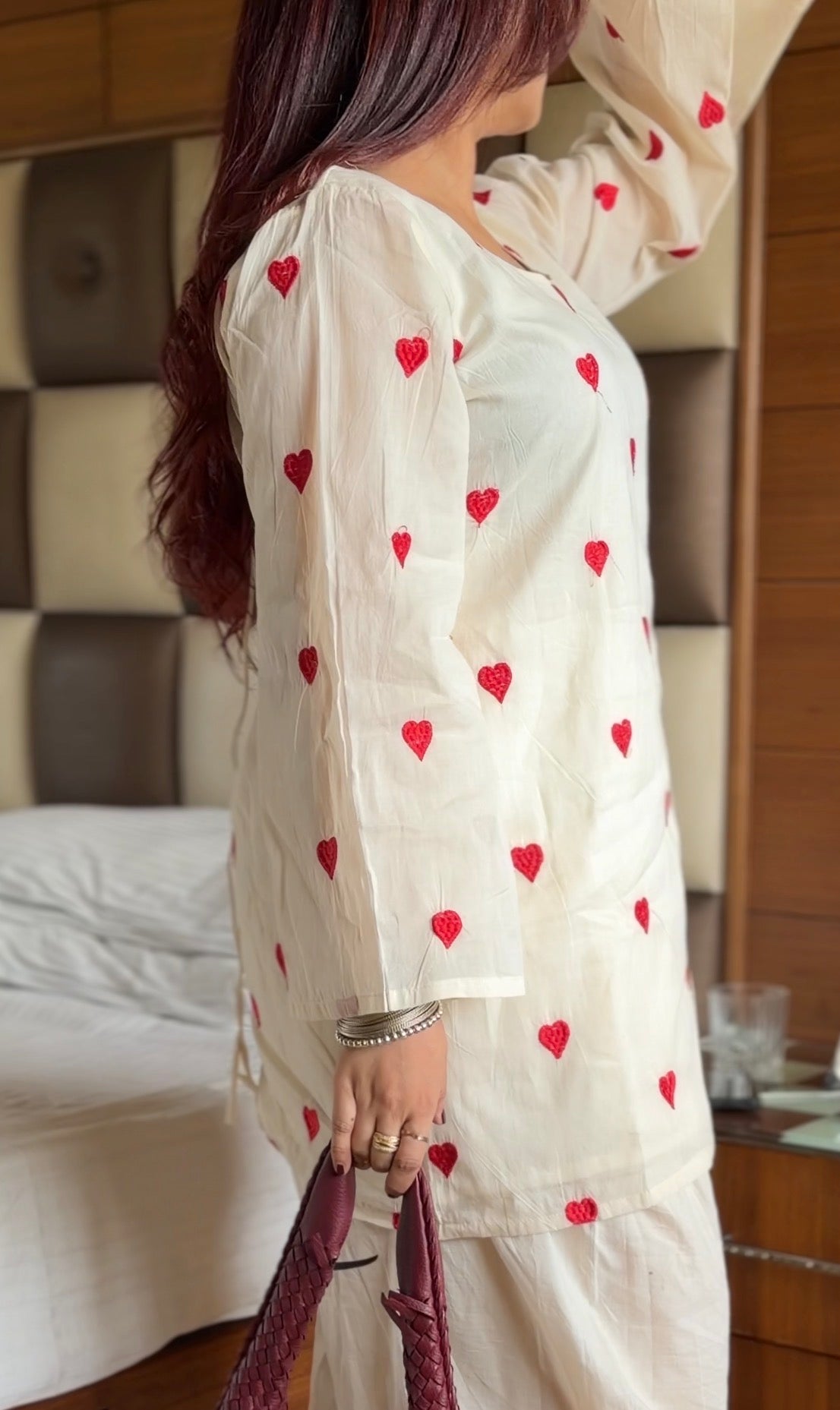 Cream Cotton Heart Embroidered Kurta with Farshi Shalwar