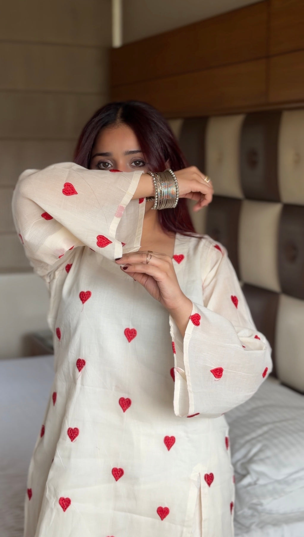 Cream Cotton Heart Embroidered Kurta with Farshi Shalwar
