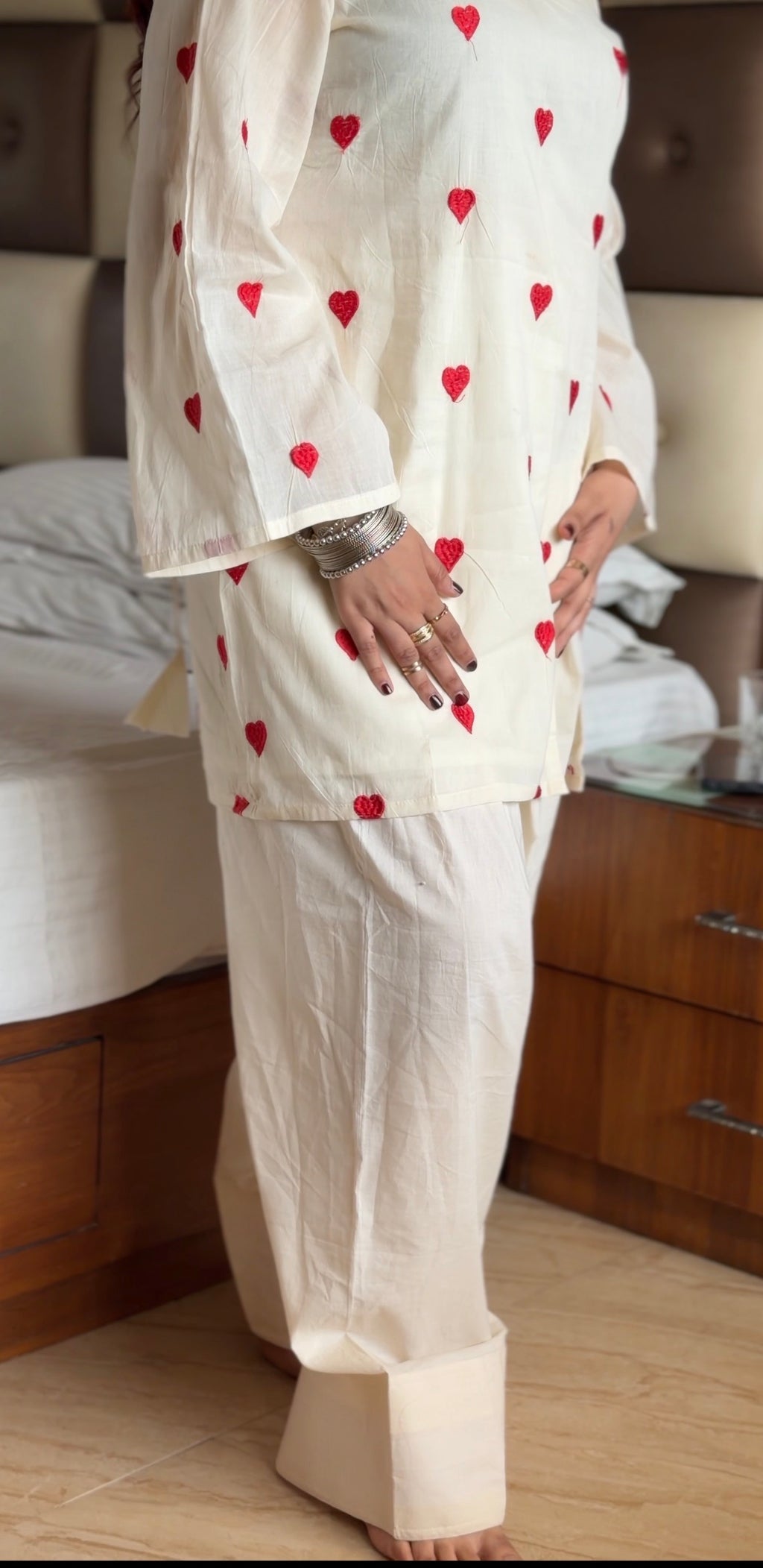 Cream Cotton Heart Embroidered Kurta with Farshi Shalwar