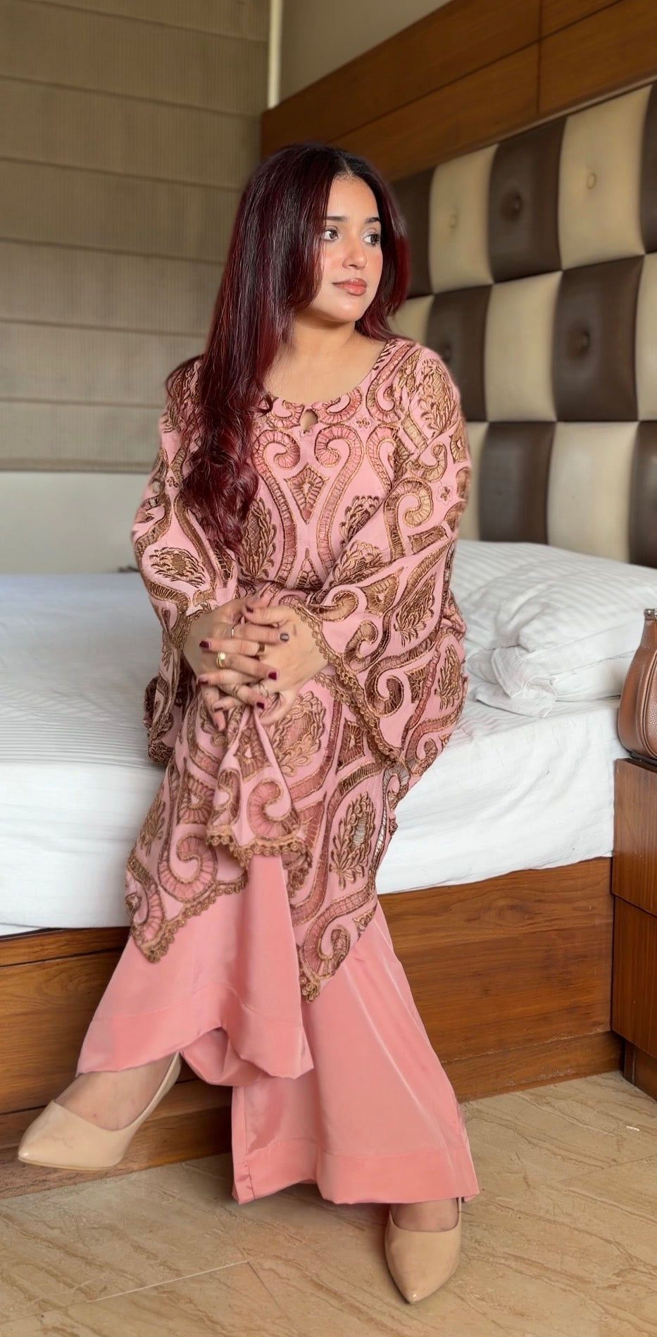 Blush Pink Cutwork Embroidered Luxury Suit Set with Flared Palazzo