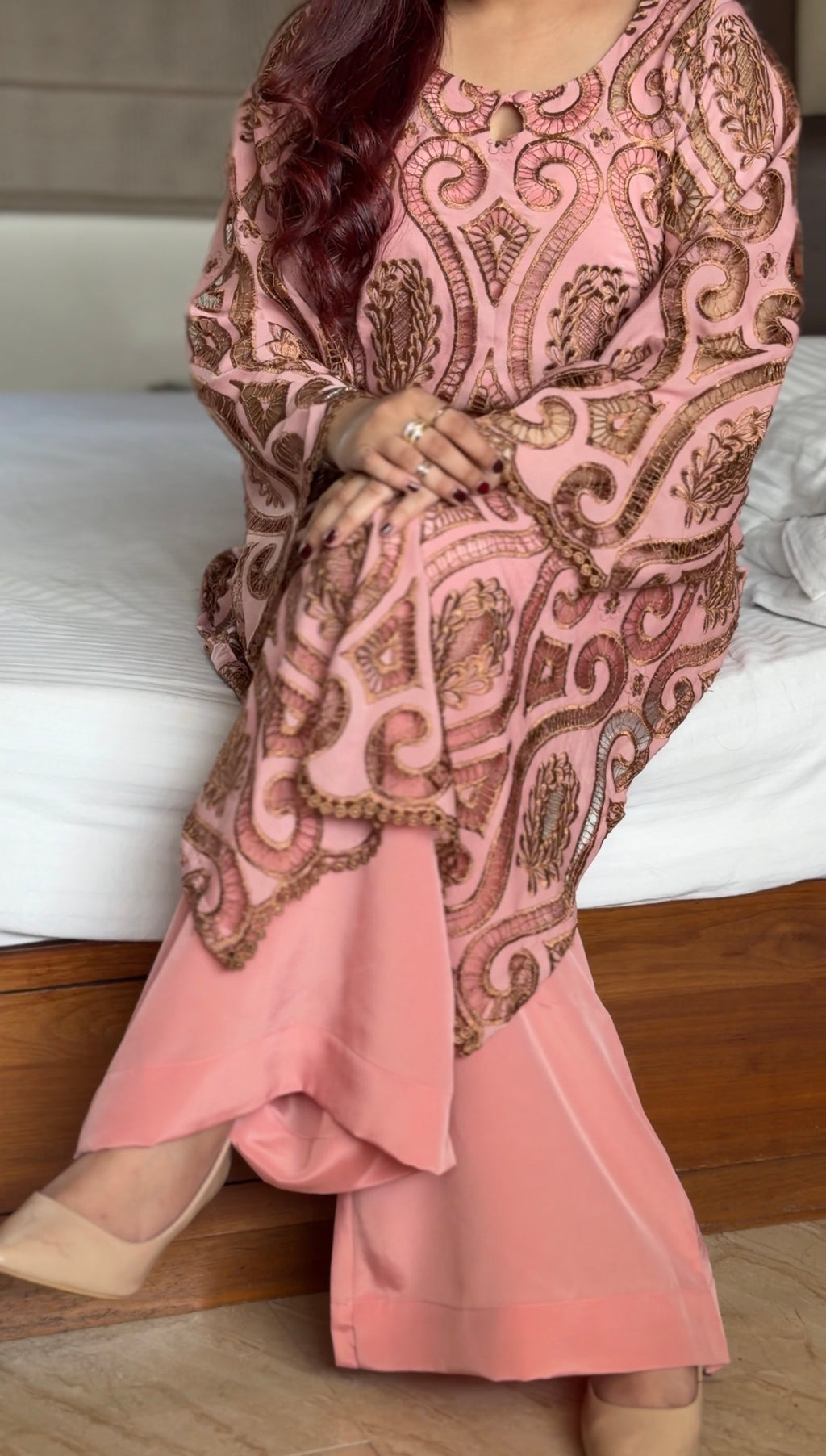 Blush Pink Cutwork Embroidered Luxury Suit Set with Flared Palazzo