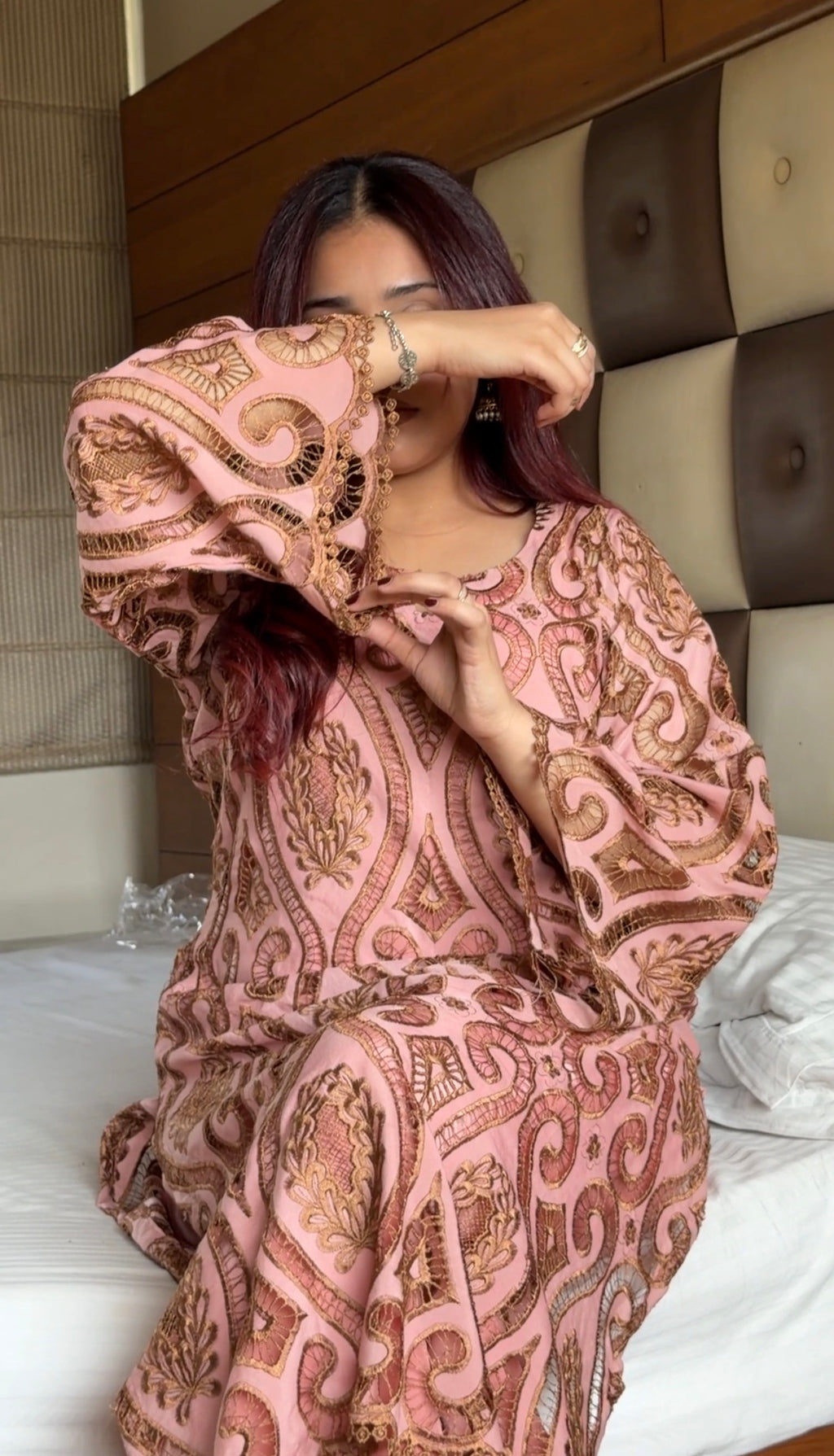 Blush Pink Cutwork Embroidered Luxury Suit Set with Flared Palazzo