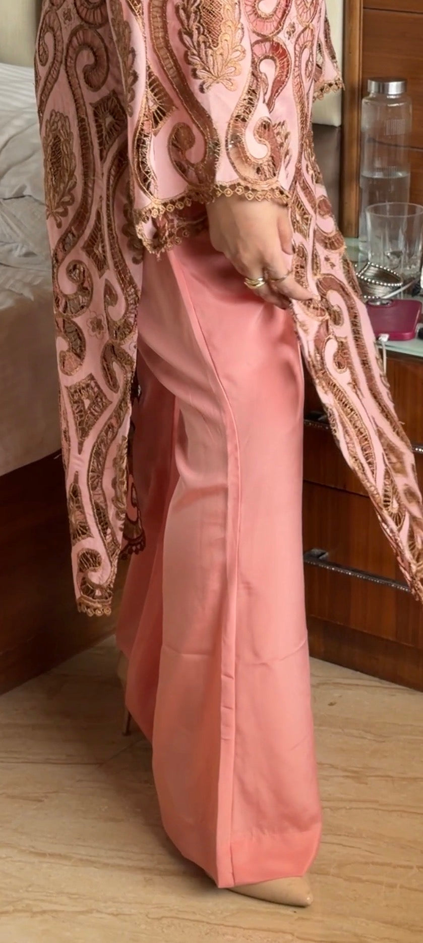 Blush Pink Cutwork Embroidered Luxury Suit Set with Flared Palazzo