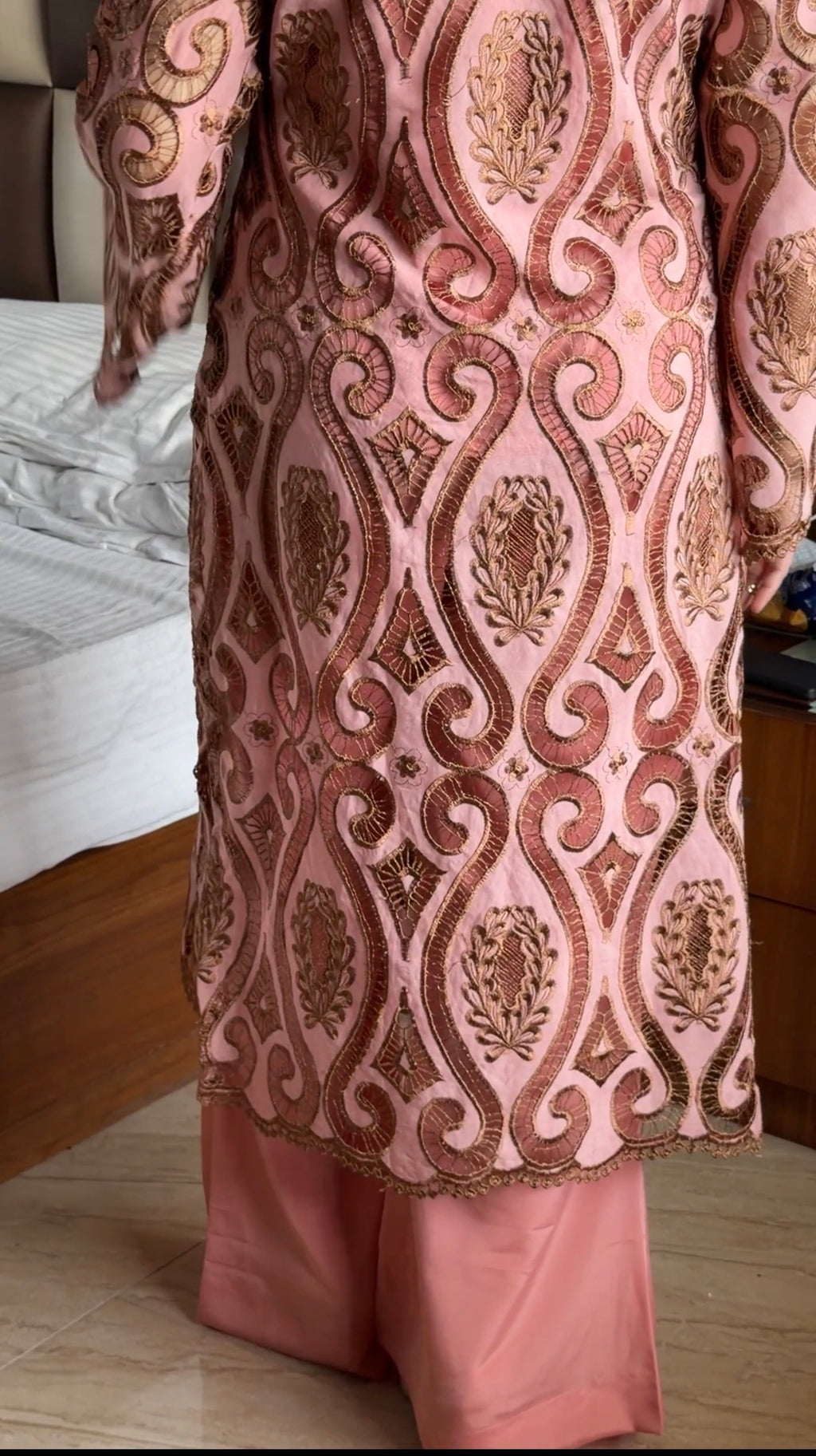 Blush Pink Cutwork Embroidered Luxury Suit Set with Flared Palazzo