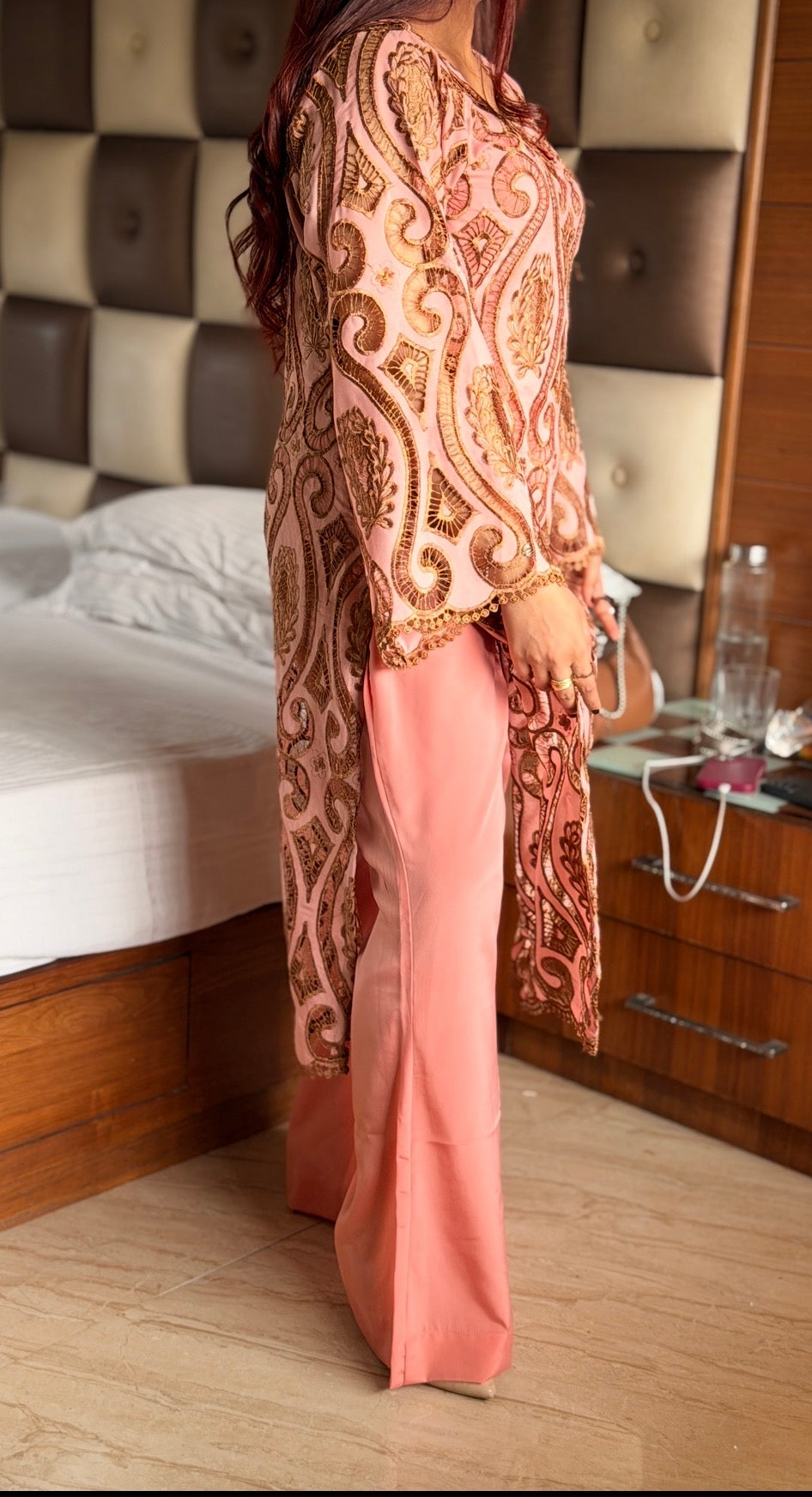 Blush Pink Cutwork Embroidered Luxury Suit Set with Flared Palazzo